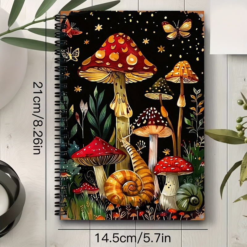 TEMU Vintage Mushroom And Snail Forest Art A5 Spiral Notebook, Black Spiral, Size 21×14.5cm, 24-hole Spiral Binding, 50 Sheets 100 Pages, Office And