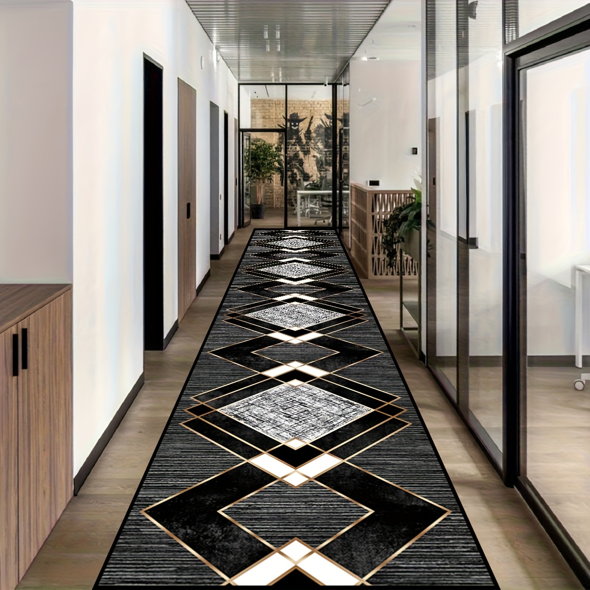TEMU 1pc Black & Golden - Soft Rectangular Floor Mat Suitable For Bedroom, Living Room, Kitchen - Machine-washable Neutral Design, Easy- Fiber,
