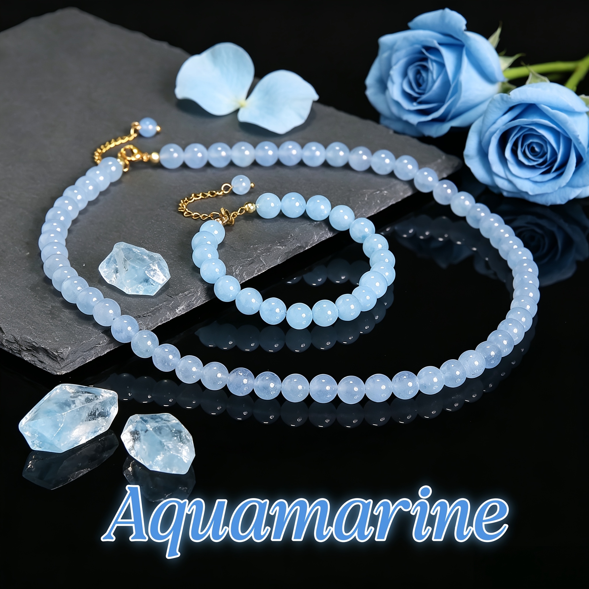 2pc Elegant Aquamarine Beaded Necklace & Bracelet Set