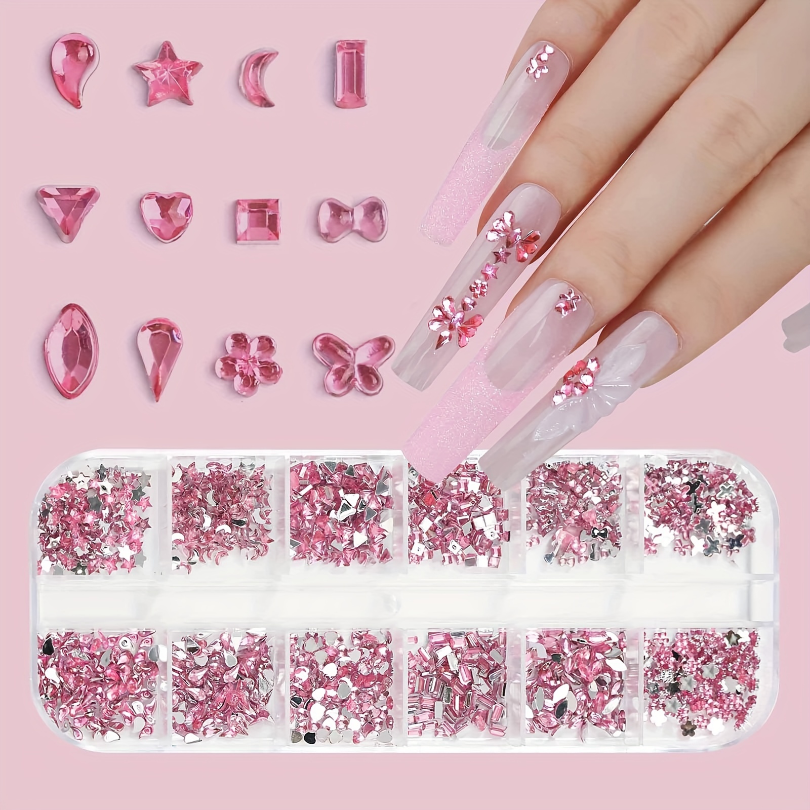 TEMU 12-pack Pink Nail Art Decorations, 3d Acrylic Stickers & Sequins, Flat Back Nail Accessories For Diy Manicure Design