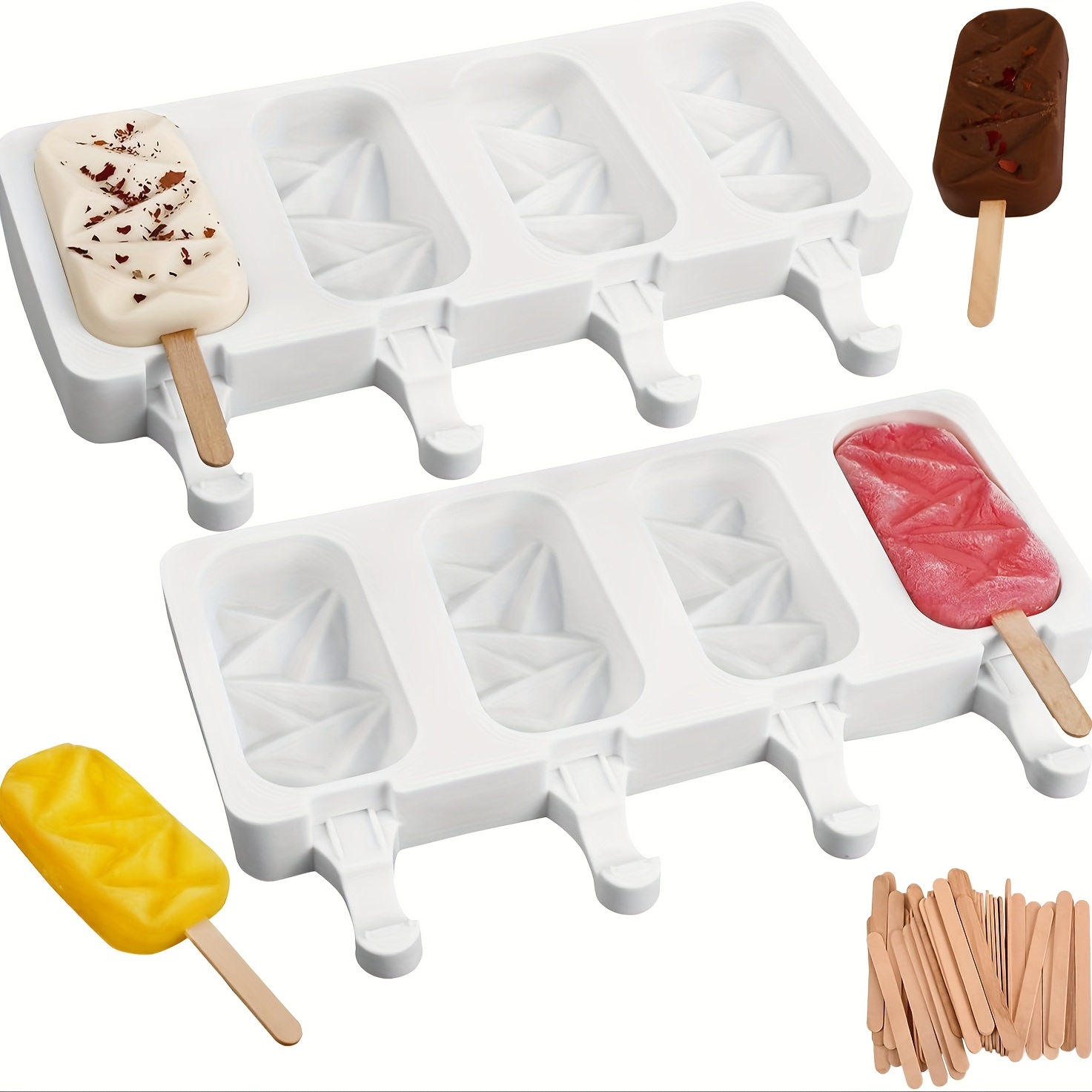Image of 52pcs/set-2 Pcs Molds 4 Cavities Cake Pop Silicone Molds Diamond Ice Cream Cakesicle Molds For Chocolate Baking With 50 Sticks