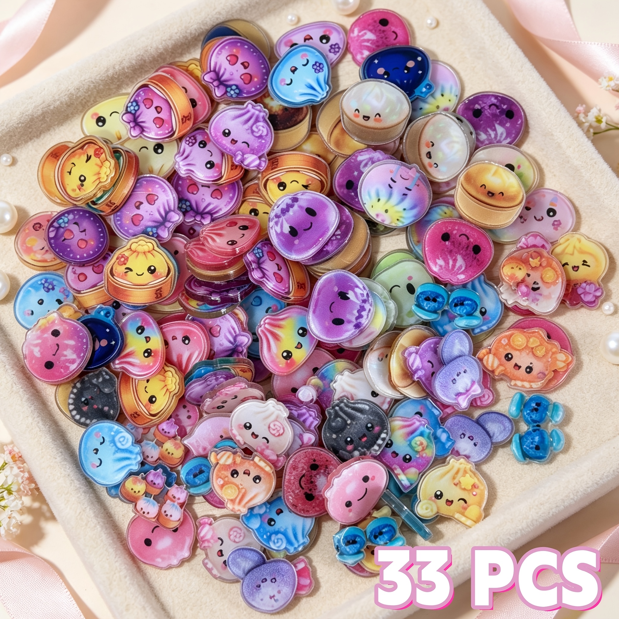 TEMU 33pcs Mixed Pack Shiny Baozi Dumpling Acrylic Charms, Colorful Baozi Shaped Decorations, Suitable For Keychains, Water Bottle Pendants, Crafts,