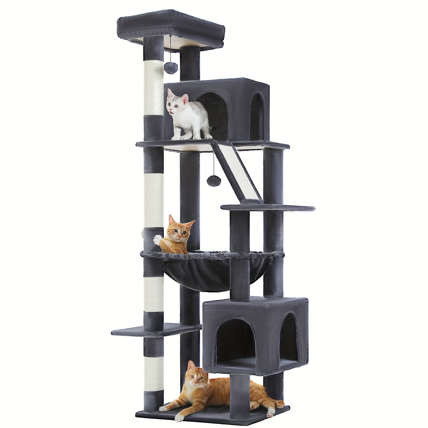 

Cat Tree, 71-inch Cat Tree Cat Tower For Indoor Cats, Plush Multi-level Cat Condo With 1 Perches, Basket, 2 Caves, Hammock, 2 Pompoms, Dark Grey/ Light Grey/ Beige/ Green/ Pink