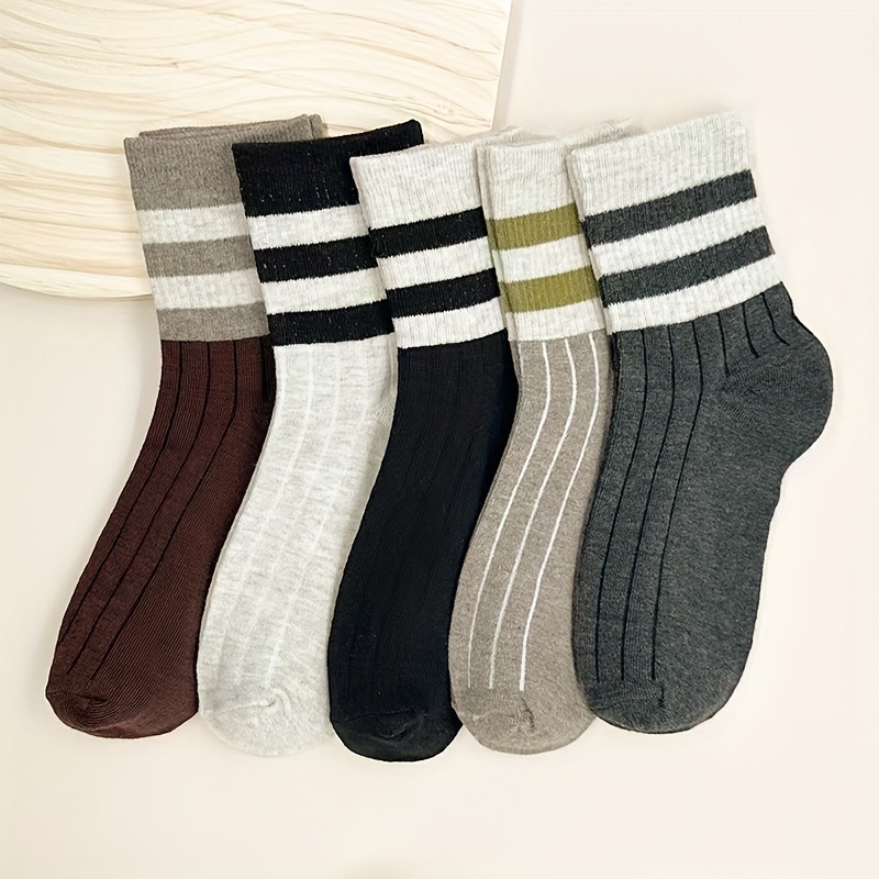 TEMU 5 Pairs Striped Pattern Socks, Casual & Warm Mid Socks For Fall & , Women's Stockings & Hosiery