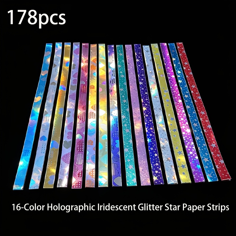 TEMU 178pcs 16-color Holographic Iridescent Origami, Single-sided Laser Glossy Star Origami Strips, Diy Long Strips, High-value Handmade Material,