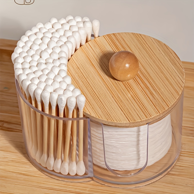 2-in-1 Transparent Dual Compartment Makeup Pad & Storage Box With Wood Lid - Space- Bathroom Organizer Suitable For Vanity, Plastic Two-section Holder For Makeup Brushes, Lipstick, Eyeshadows -