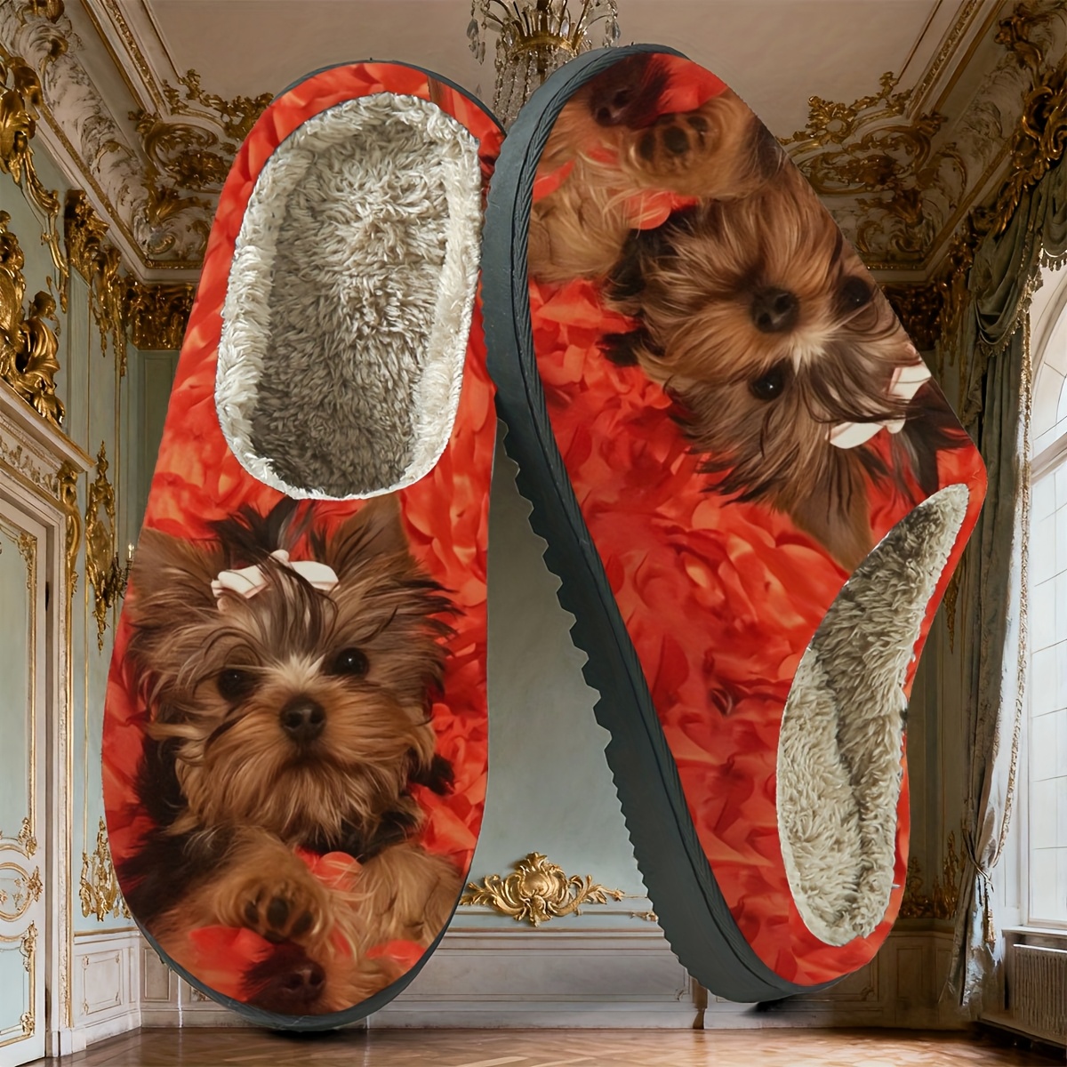 TEMU Chaussons Mignons Yorkie à Pétales Rouges. Dans une Ambiance de Pétales Rouges, l'Adorable Yorkie d'un Nœud Blanc un Charme Ludique. Remplis