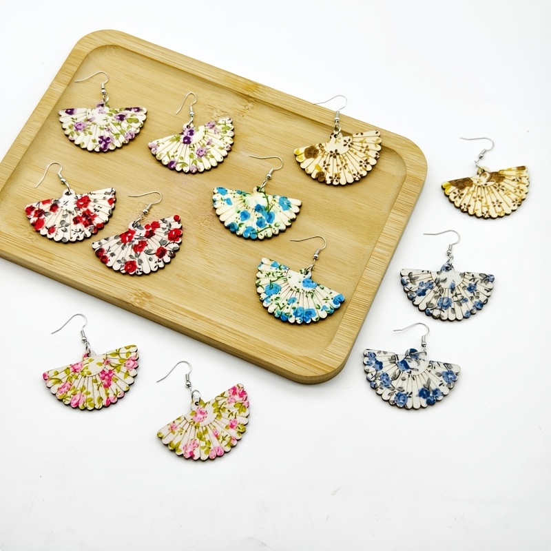 6-Pair Floral Print Acrylic Fan-Shaped Earrings Set