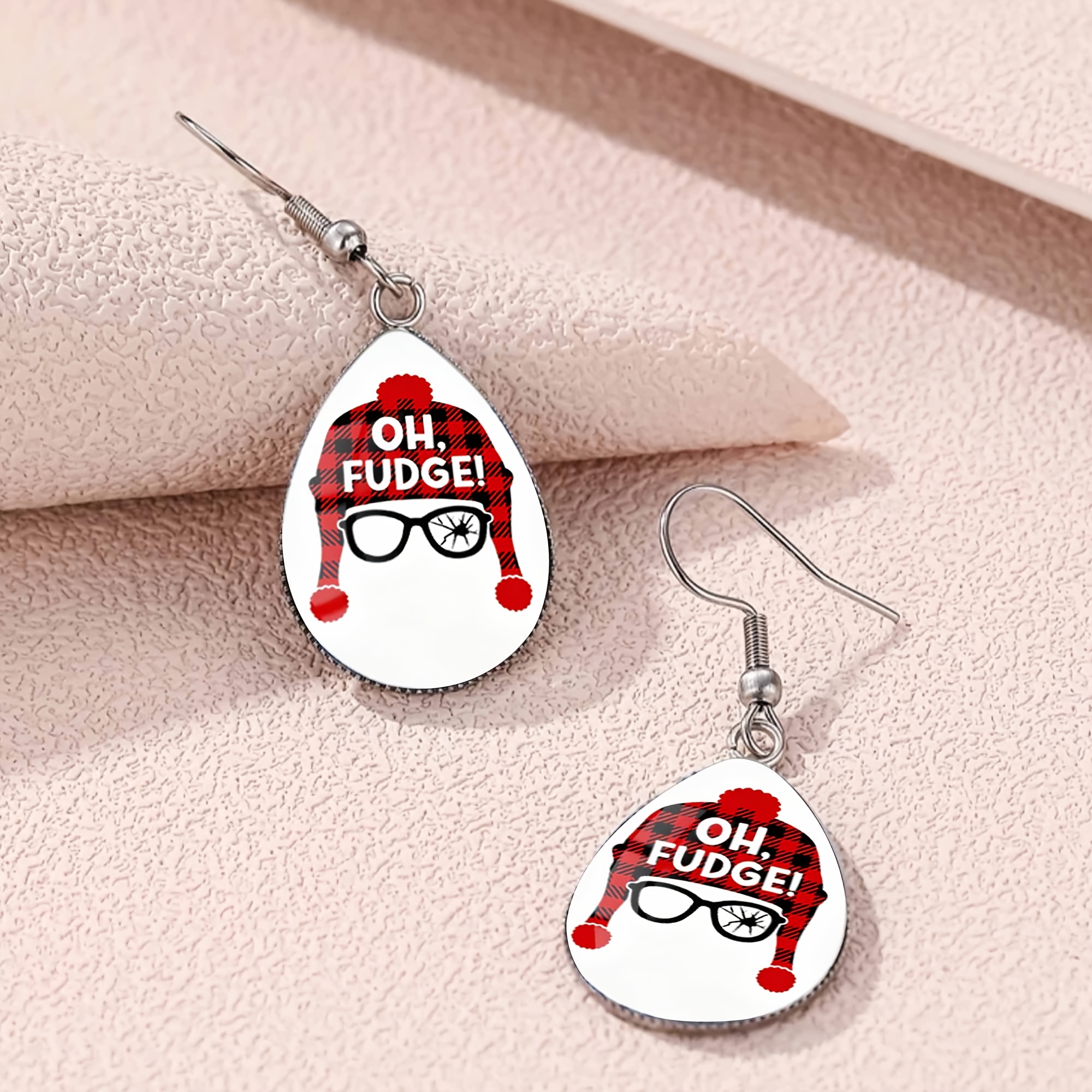 Teardrop Earrings with Red Plaid Christmas Hat Pattern