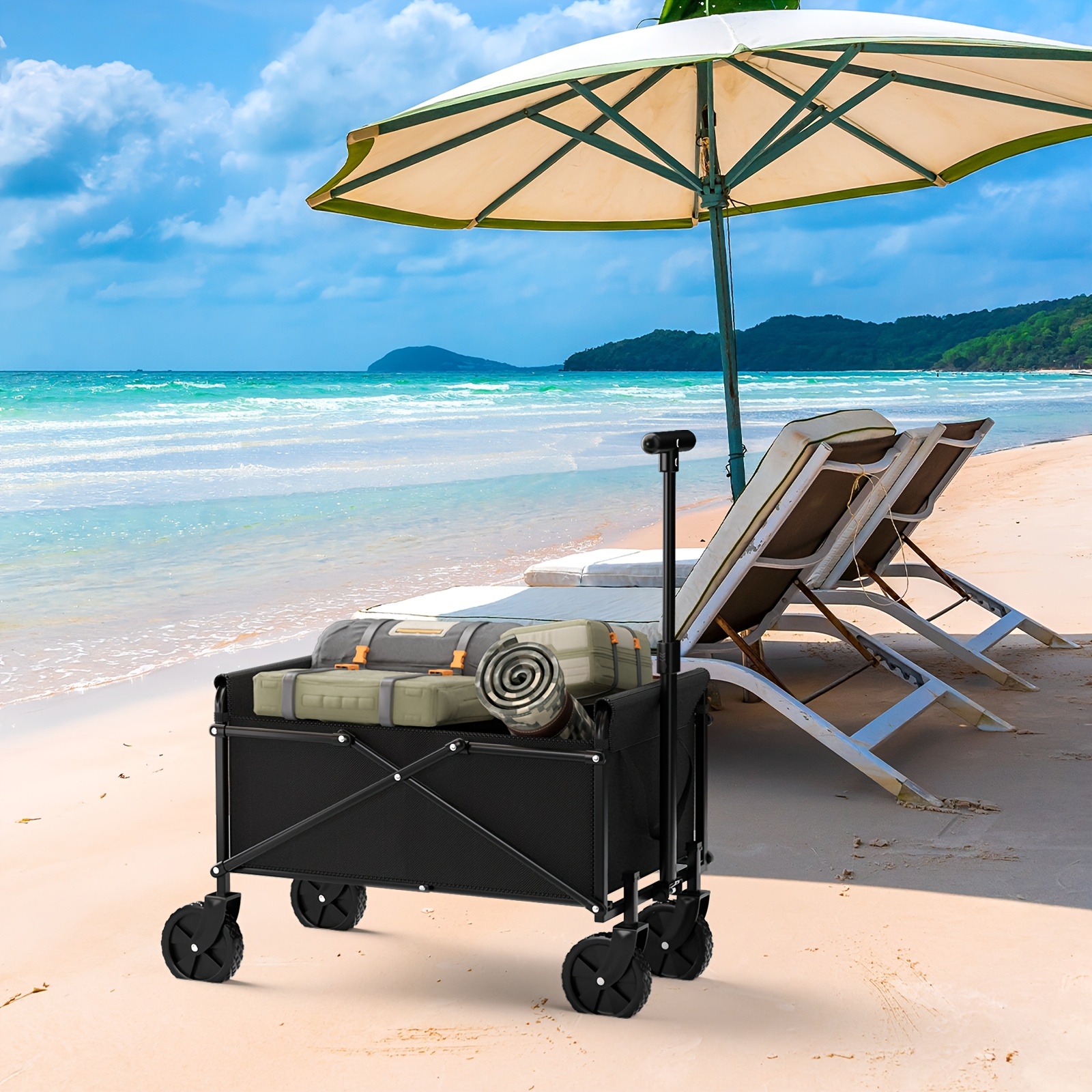 1pc 220LBS Foldable Wagon Cart, Heavy Duty Collapsible Folding Utility Garden Wagon with Wheels, Portable Camping Cart for Shopping, Sports, Picnic, Fishing, And Outdoor, Garden, Black