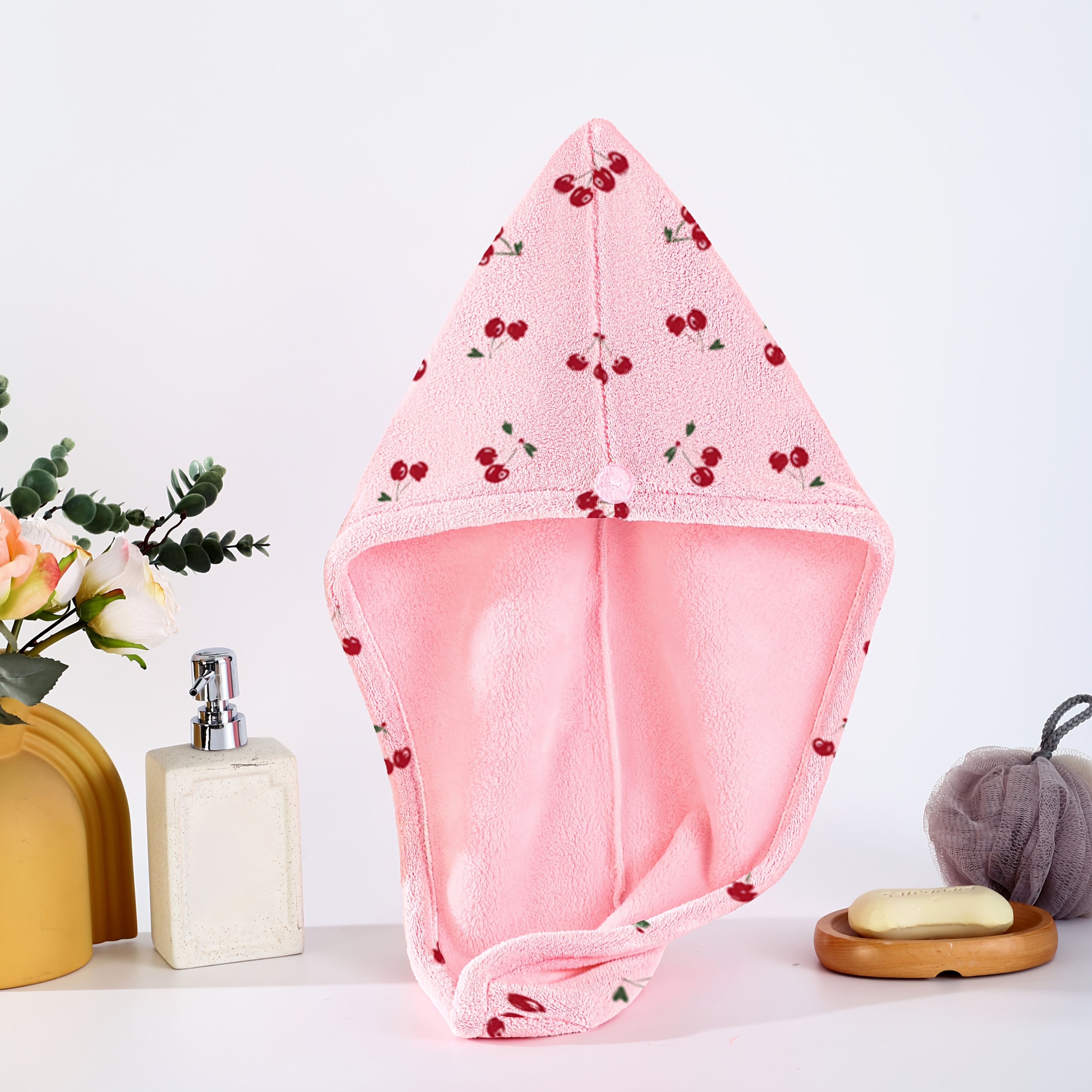 E-shop Schwitztrocknendes Haartuch aus Ultrafeiner Faser mit Schnelltrocknungsfunktion & Duschhaube - Roter Kirschdruck Weiche Polyester Kopftuch für