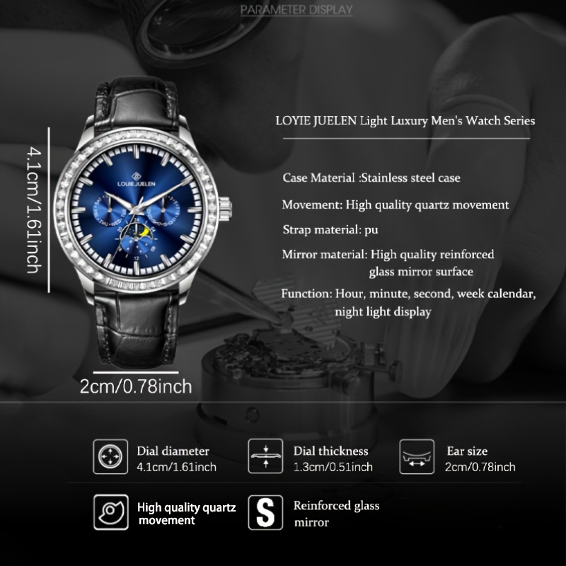 JUELEN *'S Quartz Watch with *-Encrusted Dial, Elegant Stainless and  Black Leather Strap Versatile Business and Ca