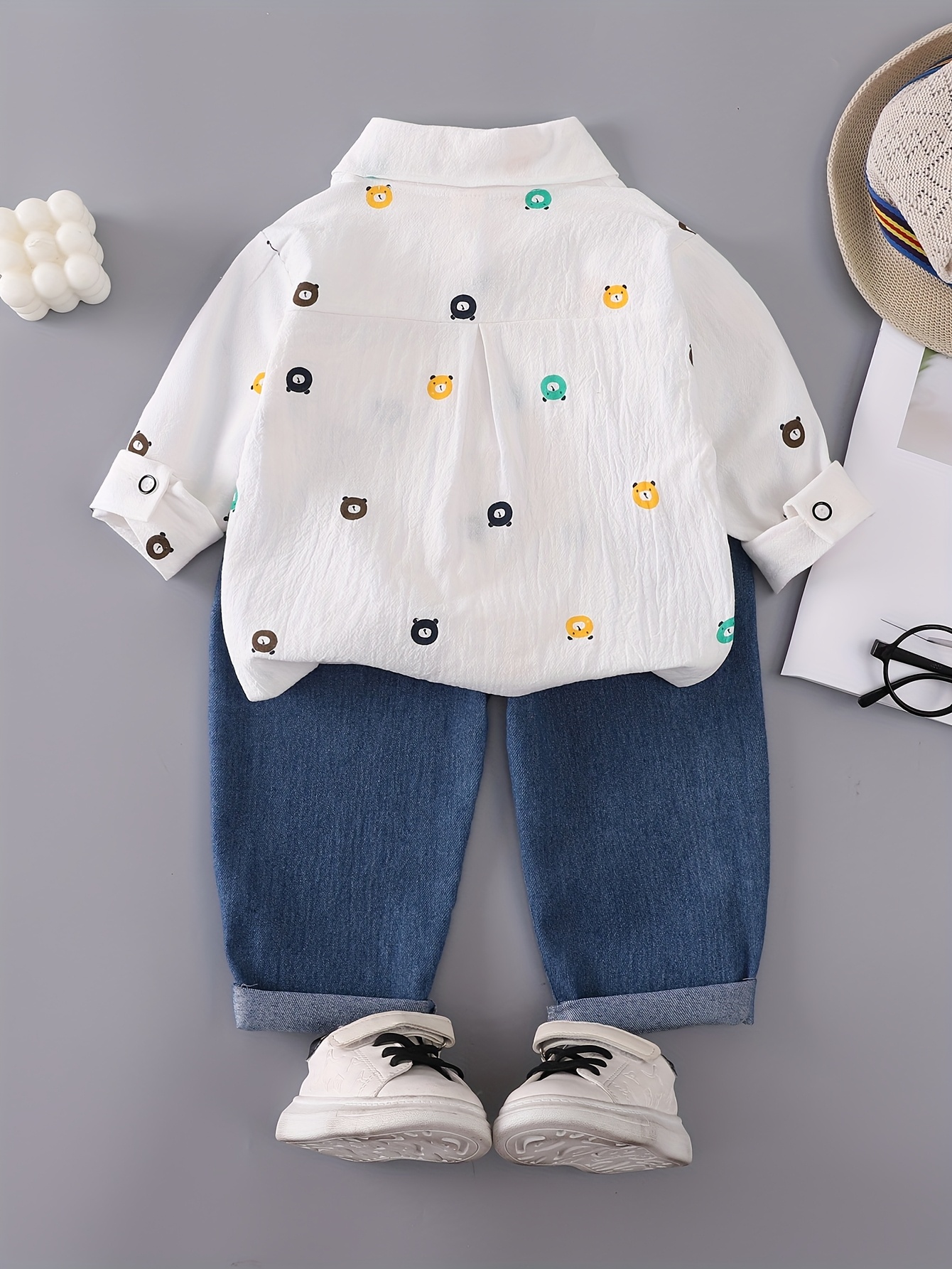 boys print outfit with a bear pocket long sleeve shirt and denim pants featuring a full button design for outdoor Product details 11