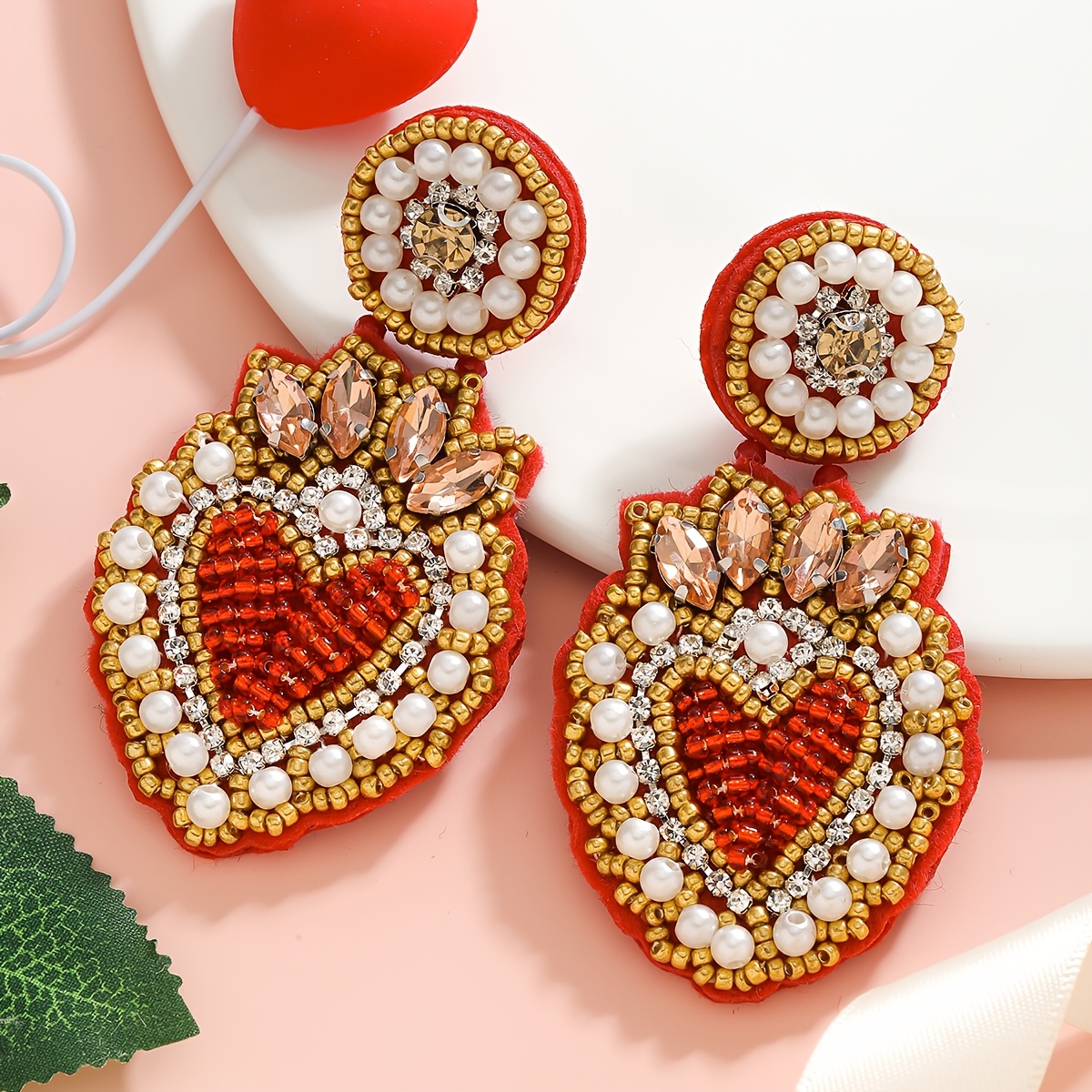 

Valentine's Day Gift - Bohemian Handcrafted Heart-shaped Dangle Earrings With Beads & Sparkling Rhinestones, Cute Stainless Steel Posts, Ideal For Celebrations &