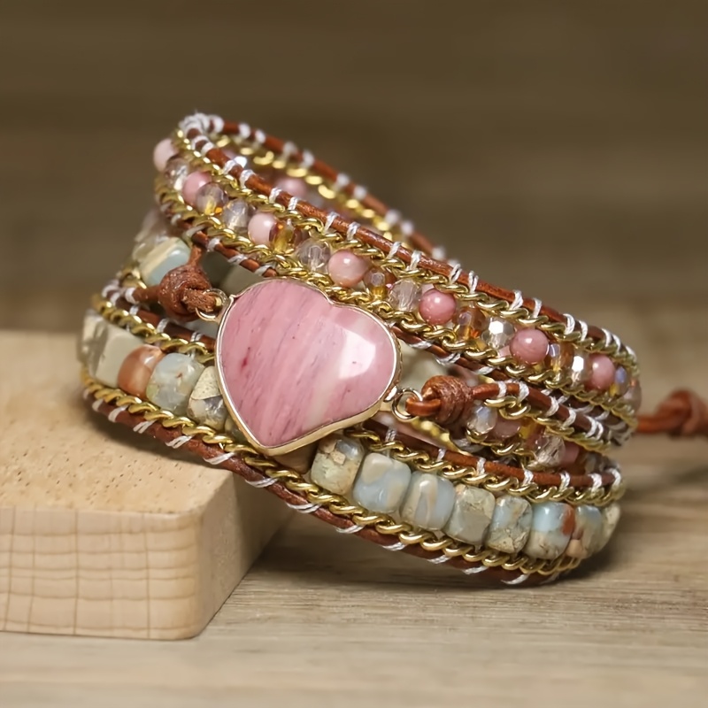 E-shop Bohemian Wrap Armband aus Naturstein mit Rhodinitz-Herz | Mehrschichtiges, einzigartiges für Damen | Charme zur Anziehung von Liebe
