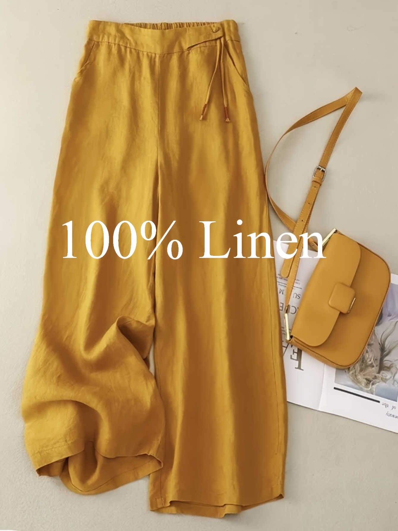1pc of   linen womens wide leg pants elastic belt drawstring loose design breathable sagging design suitable for summer commuting