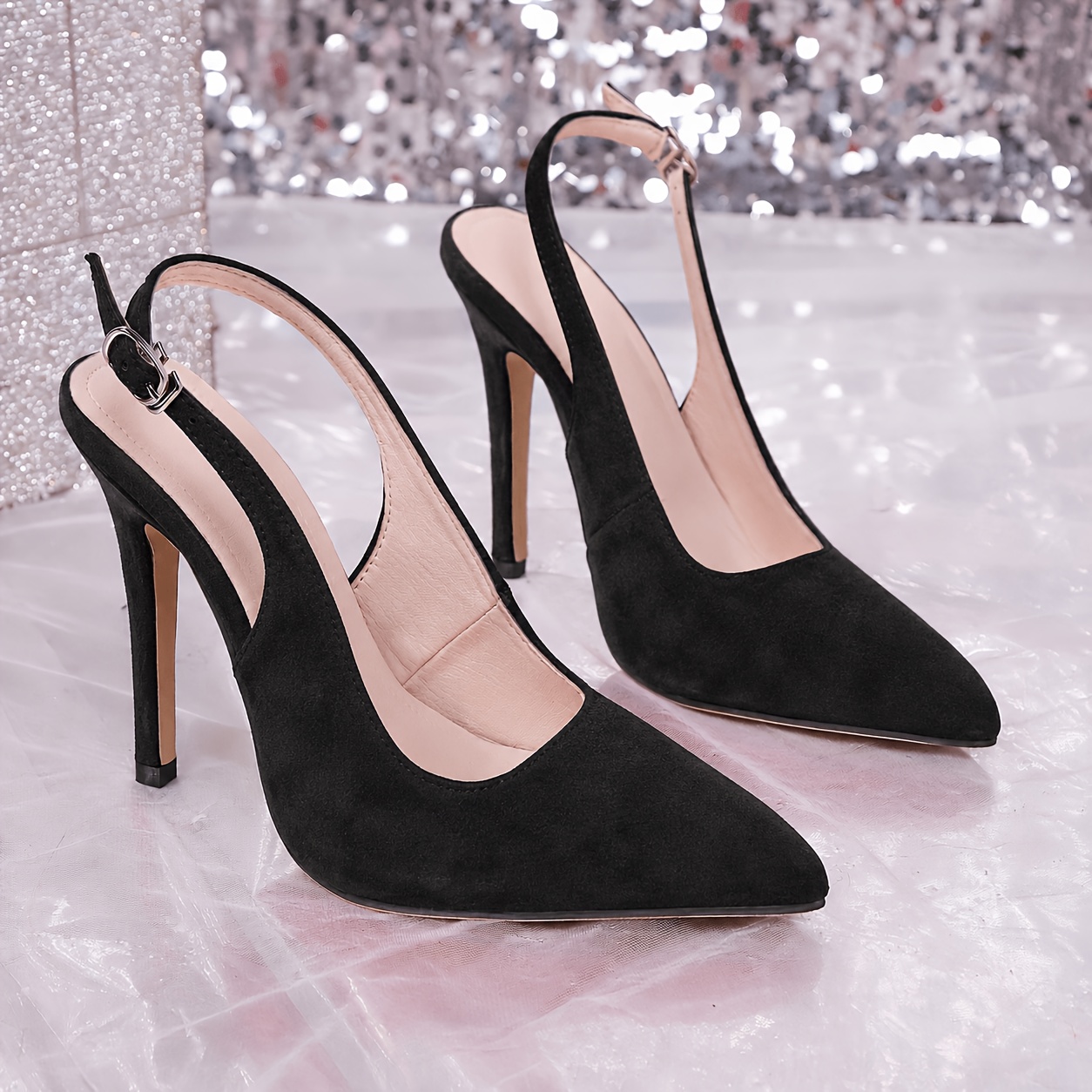 TEMU Women's Pointed Toe Slingback Stiletto Heels, Black, White, Burgundy, Patent / , Adjustable Buckle, Stiletto Heel, Soft Pu Insole, Rubber
