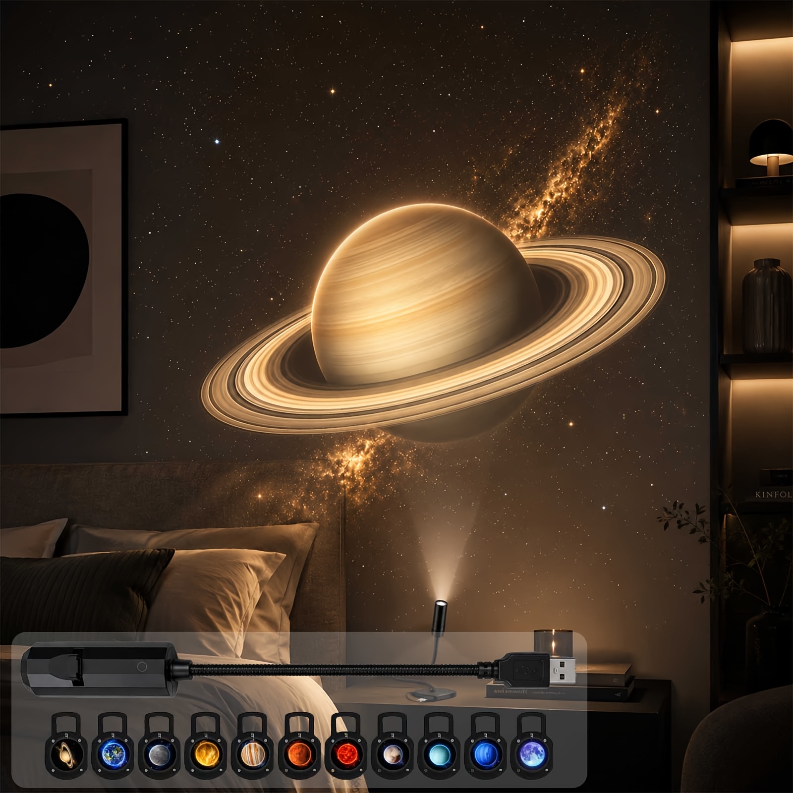 TEMU Proyector de Luz Nocturna Galaxy, Lámpara de Proyección de Estrellas HD 360° USB, Lámpara LED de para Mesita de Noche con Películas