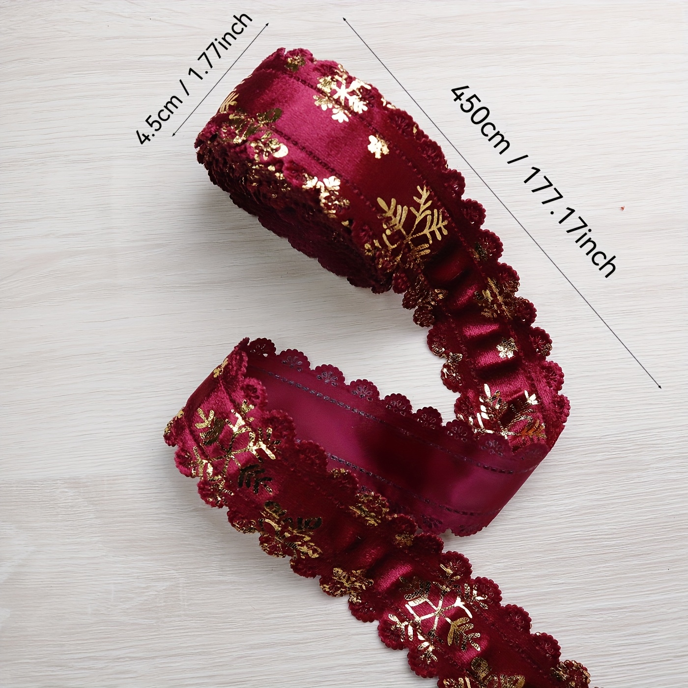 TEMU Rouleau de ruban de velours de luxe doré à fleur de neige violet-rouge avec dentelle, chaque rouleau mesure 177 pouces de largeur et 1,77 pouces