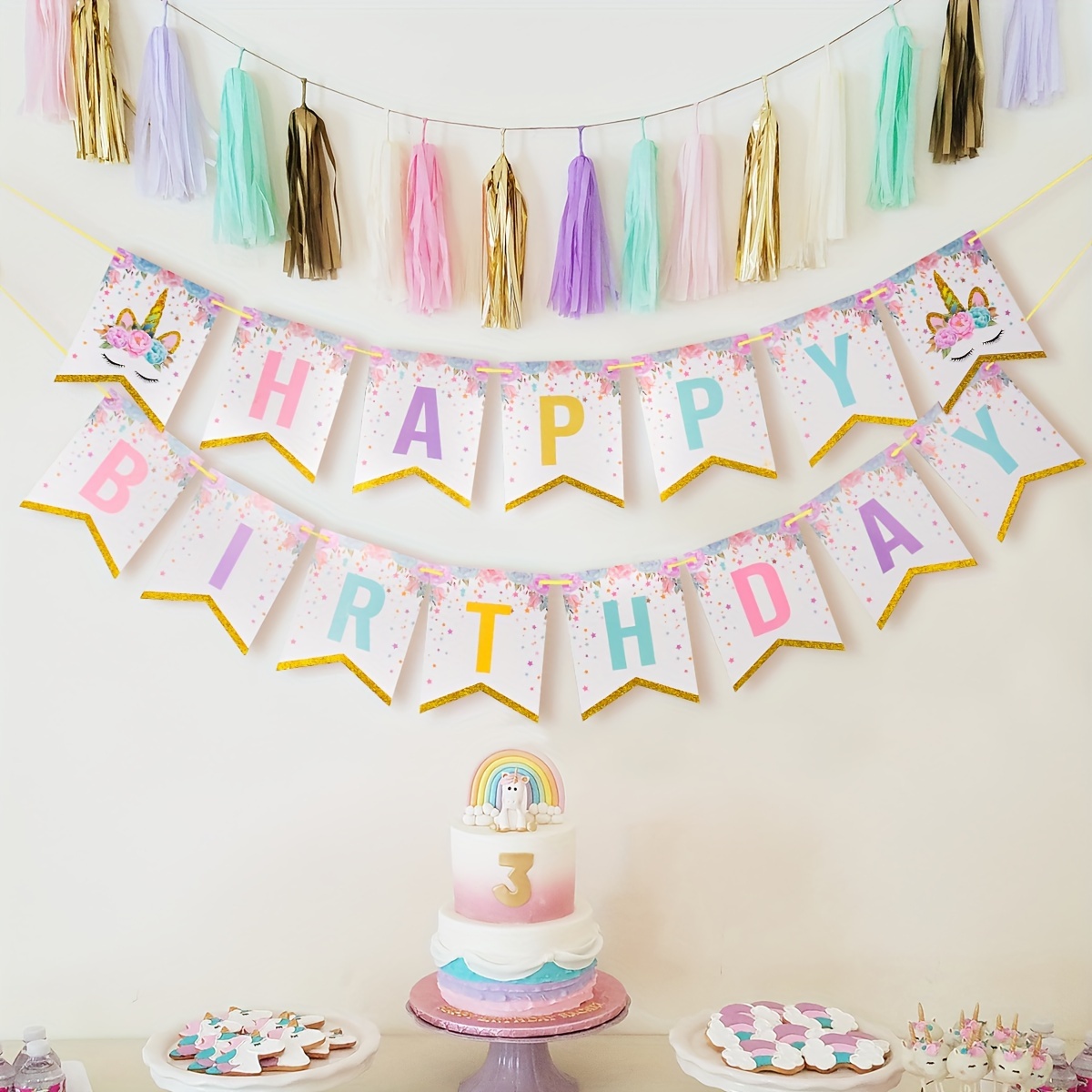 

1 Set Unicorn Theme Happy Birthday Banner, Gold Glitter Cartoon Pink White Stars Party Flags, Baby Shower/birthday/gender Reveal Decorations, Paper Material, No Electricity Required.