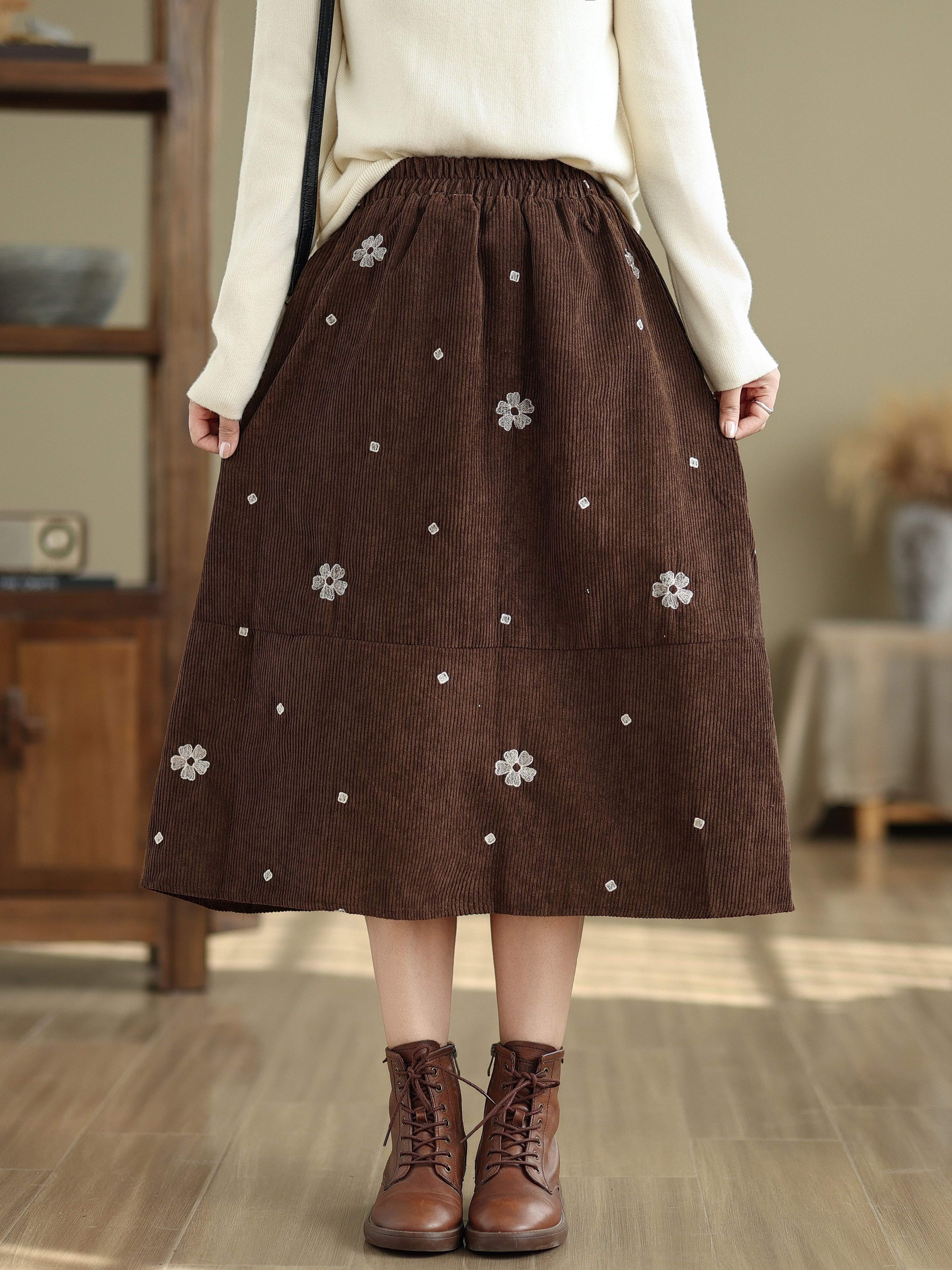 elegant high waist a line midi skirt floral embroidery black