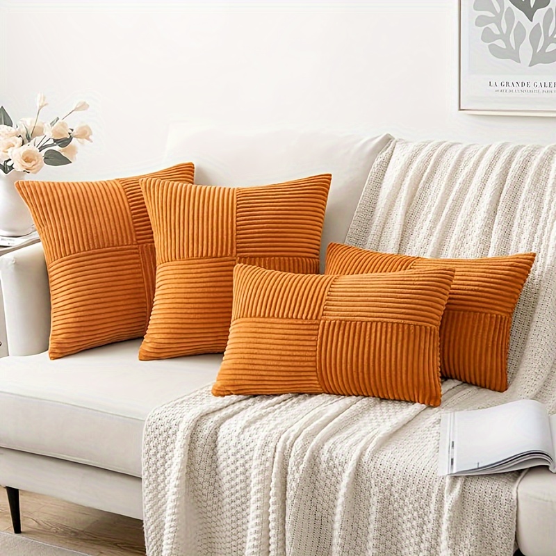 

Boho Chic Orange Corduroy Throw Pillow Covers - Soft, Solid Color With Geometric Patterns, Zip Closure For Easy Care & Versatile Decor, 12x20" And 18x18" Sizes Available Boho Long Pillow Cover