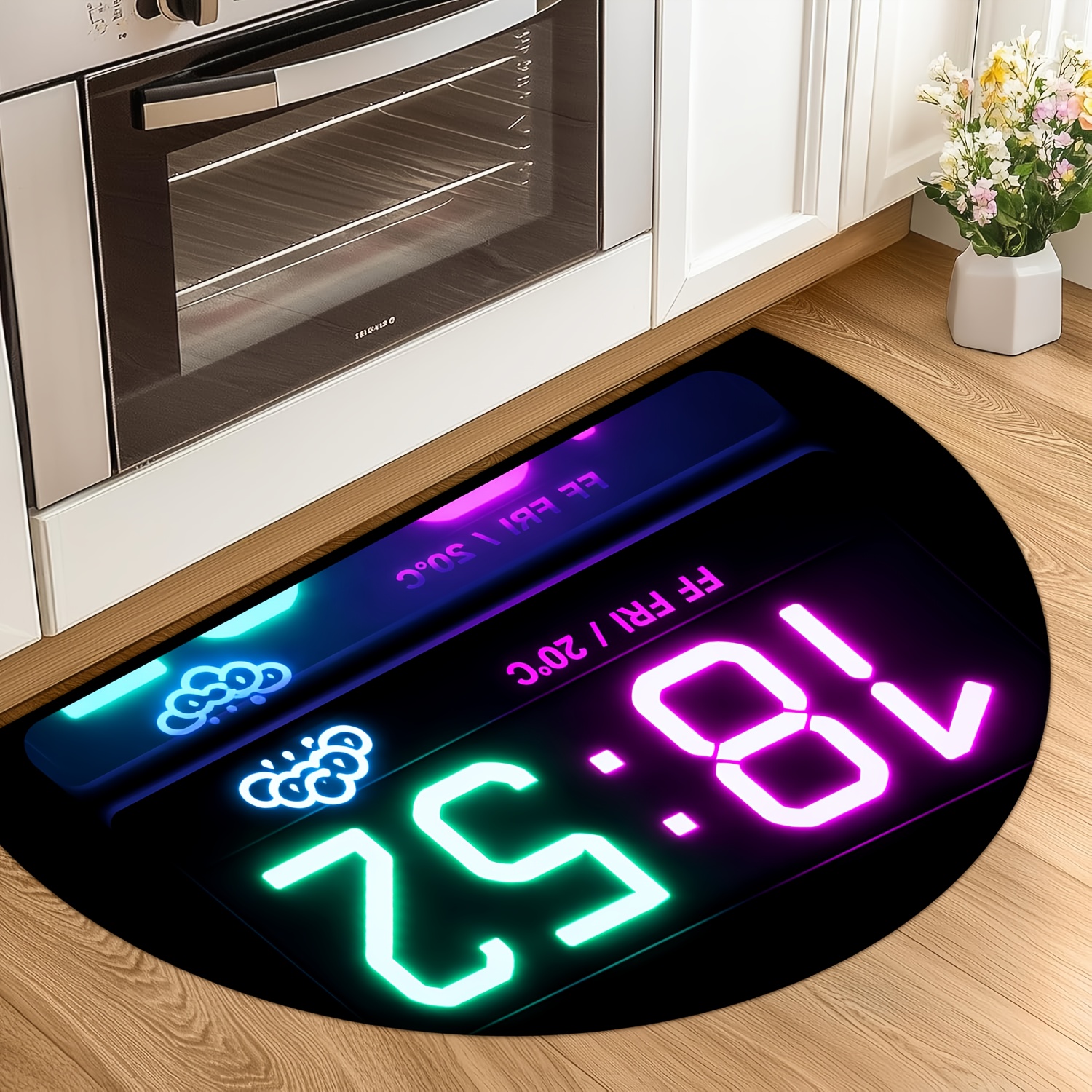 TEMU [ Product] Flat 2d Printed [fleece And 1cm Thick Sponge Material] Fun Half-circle Doormat | Neon Digital Clock, Displaying Time, Weather And