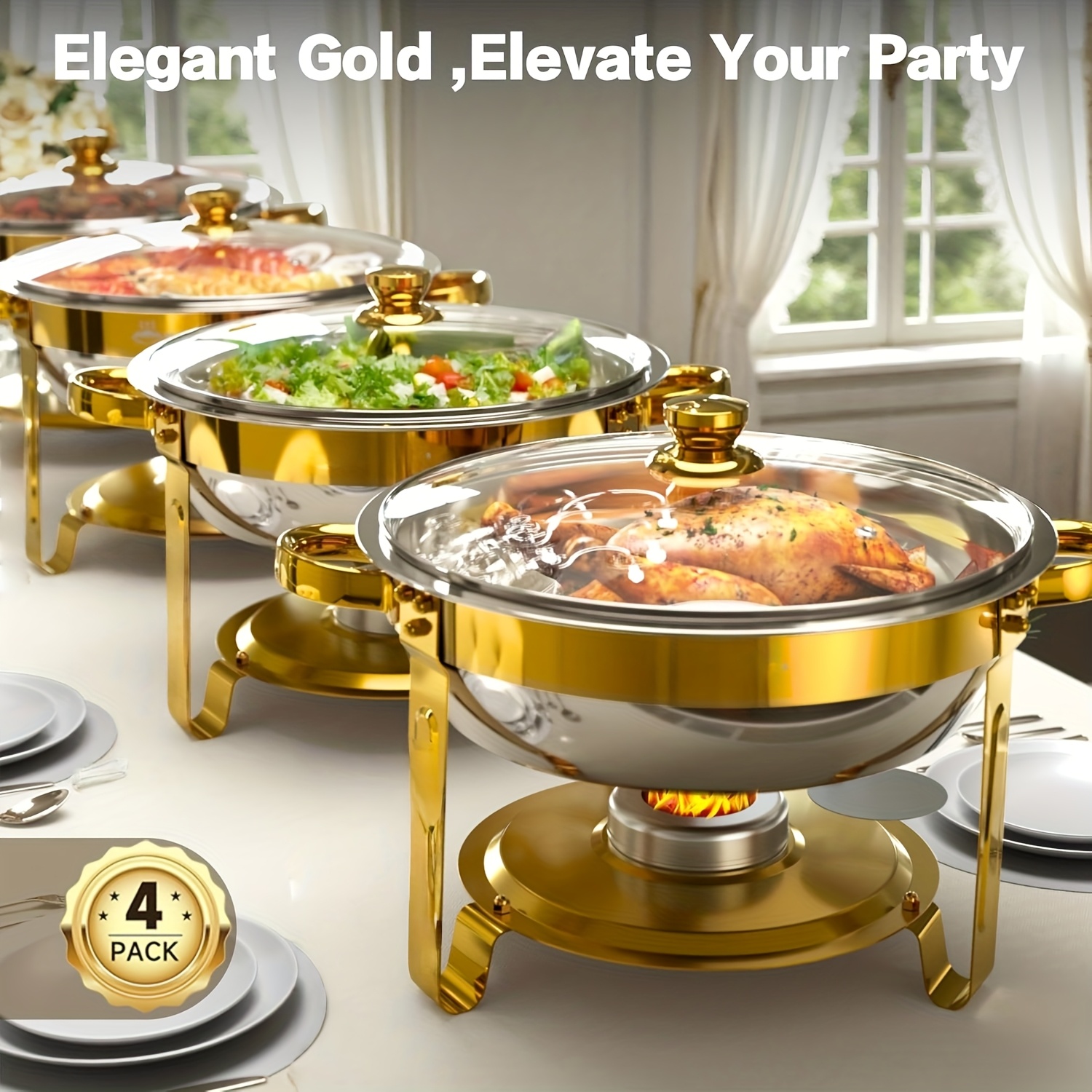 Image of Chafing Dishes For Buffet, 1/2/4 Pack 6qt Round Stainless Steel Chafing Dish Set For Home Parties, Christmas Gatherings, Catering Events Complete Buffet Warmer Set (/2/4) - Cooking