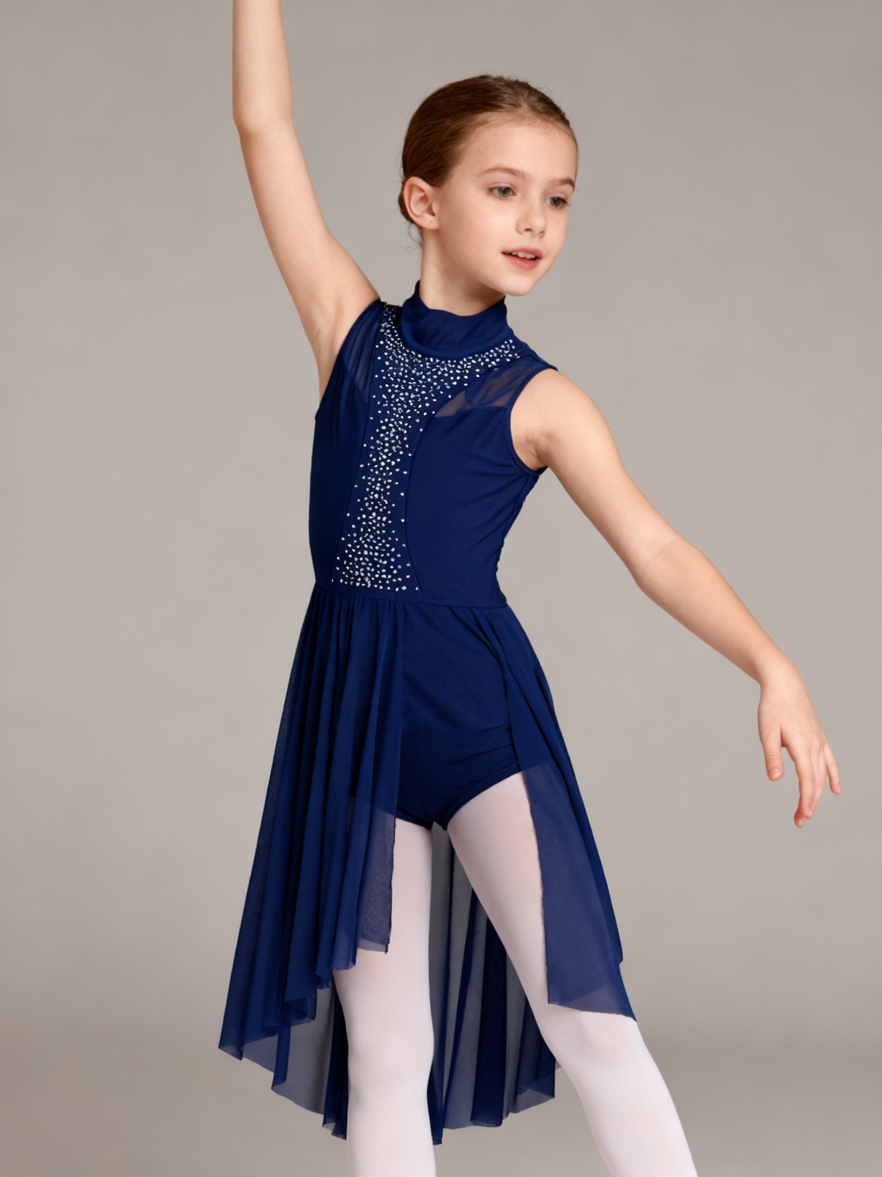 Girls' *-Embellished High Neck * Dance Dress with Asymmetrical Hem & Side  Cut-Outs - Stretchy Mesh Figure Skating for Ballet, Parties, Holidays