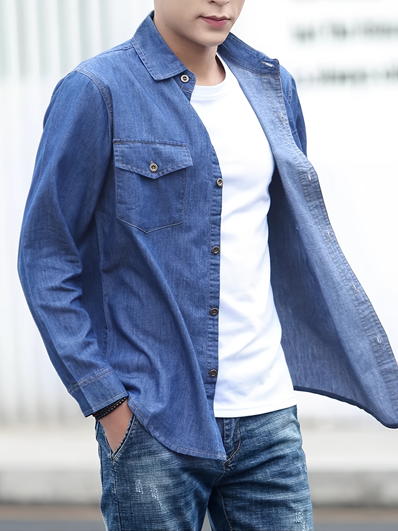 Korean Style Men's Long Sleeve Thin Fit Casual Denim Shirt for Spring and Autumn, Workwear Jacket