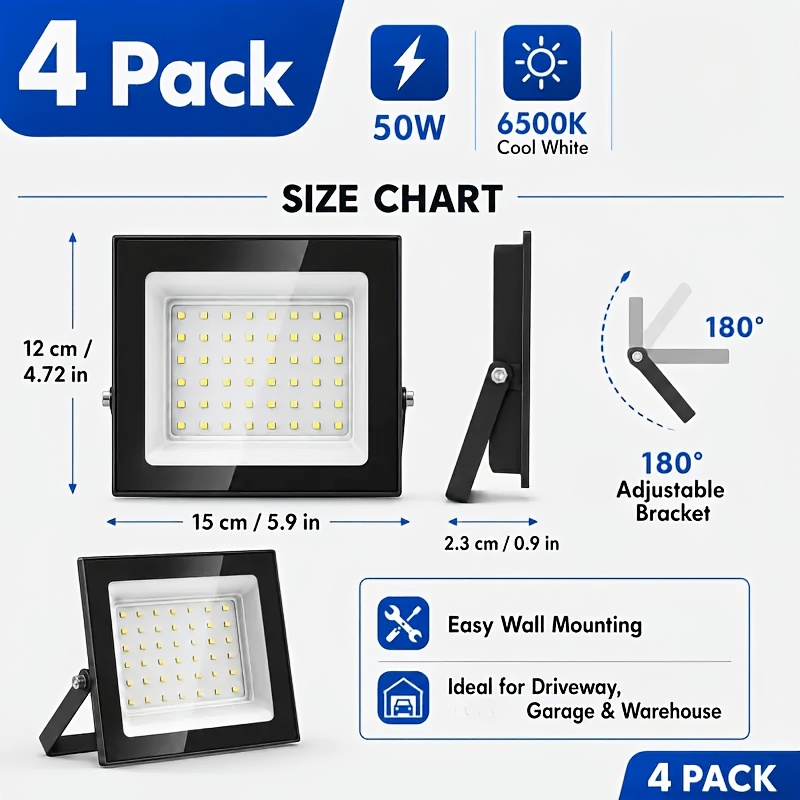 4pcs Led Floodlights, 50w, 6500k Cool White Light, With Adjustable Mount, Suitable For Driveways, Garages, , And Safety Lighting