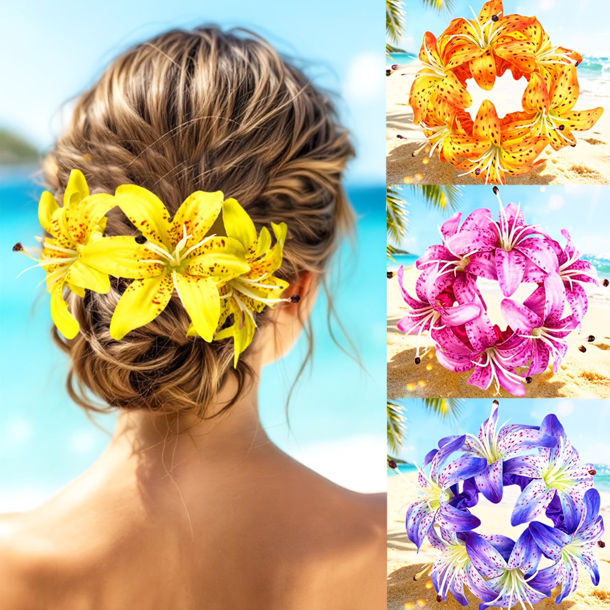 haargummi mit künstlicher lilienblüte im hawaii-stil, haarkordel im meeresurlaub-thema, vielseitiges haar-accessoire für strand-fotoshootings,   für dutt-frisuren, dekoratives handgelenk-corsage-haargummi stirnband