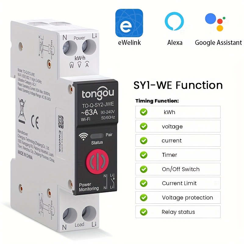   inteligente   wifi de 1 pieza con pantalla de potencia kwh, control remoto sin varillas, control móvil remoto, disyuntor 1p+n 63a 110v 220v, relé con temporizador, protección para hogar inteligente