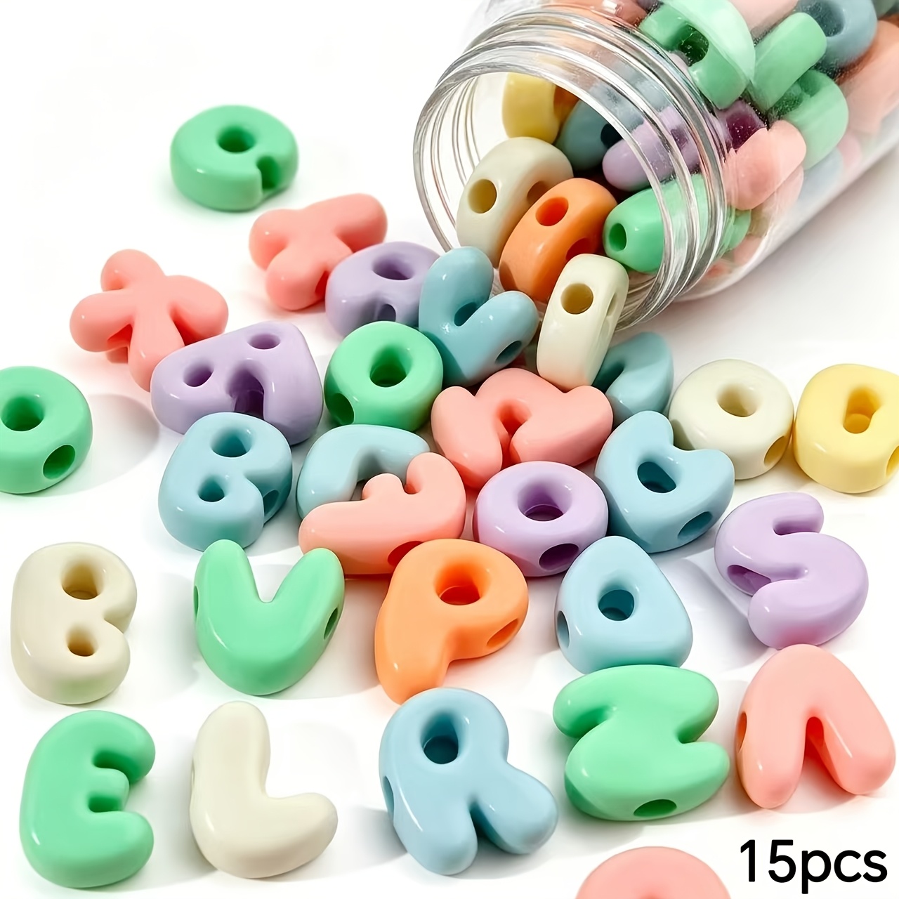 TEMU 15pcs 16-24mm Creamy Style Macaron Acrylic English Letters Loose Beads Large Hole Through Beads For Bracelet Earrings Hair Ties Pendant