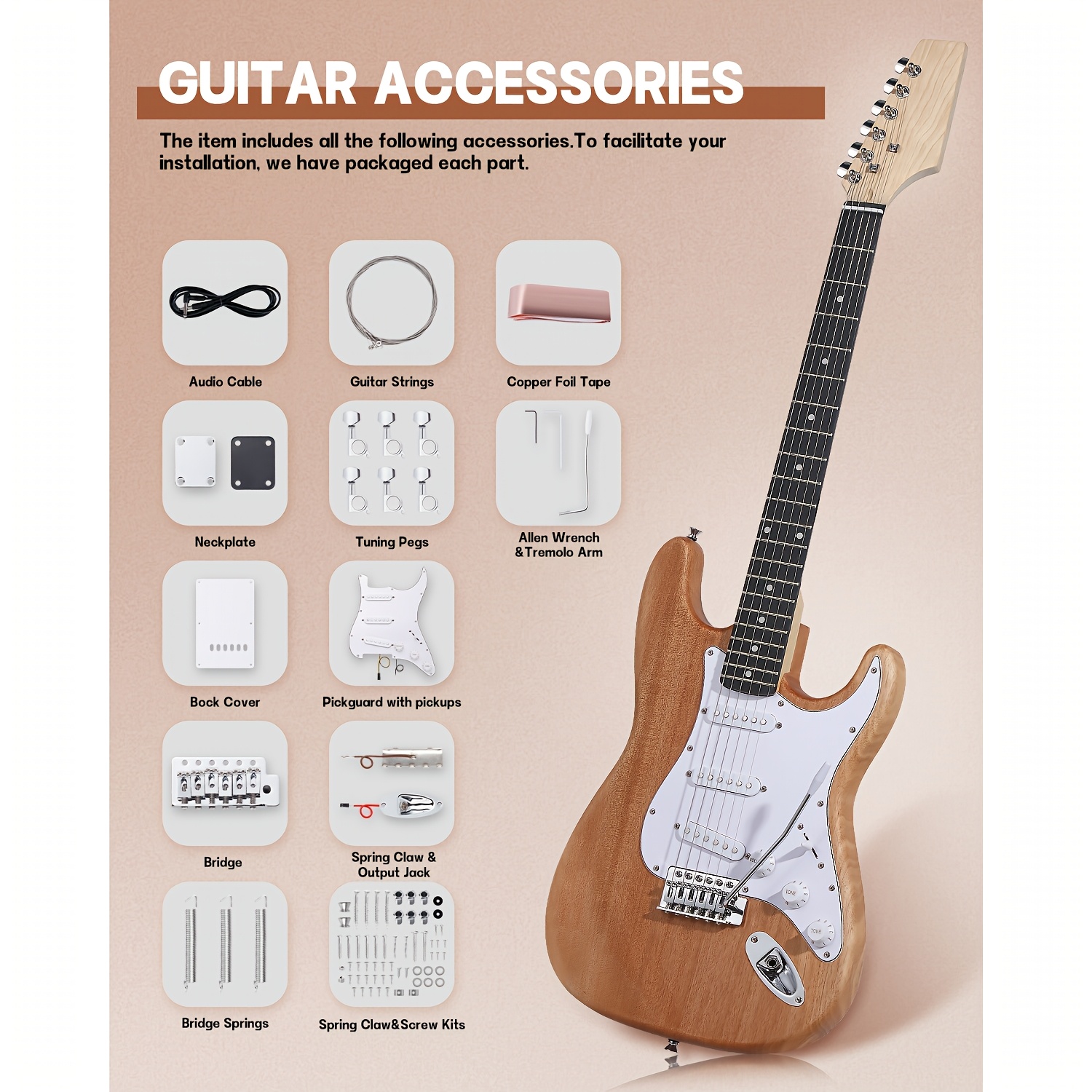 Leo Jaymz 1pc DIY Electric Guitar Kit - S-S-S Pickup Configuration, Ebony Fretboard, Maple Neck, Mahogany Body - Single Tremolo Bridge, 22 Frets, Fully Enclosed Tuning Pegs, Room Electrical Wiring