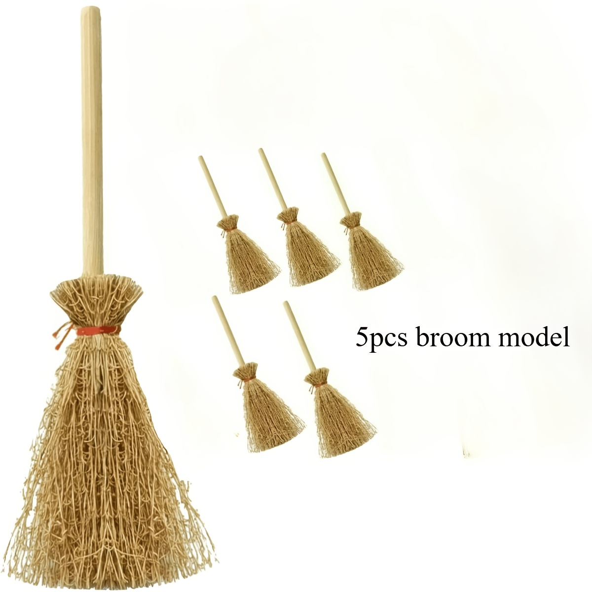 TEMU 5pcs Mini Artificial Wheat Straw Broom Set With Red String, Halloween Wheat Straw Craft Decoration, Halloween Mini Figurine Decor, Accessories,