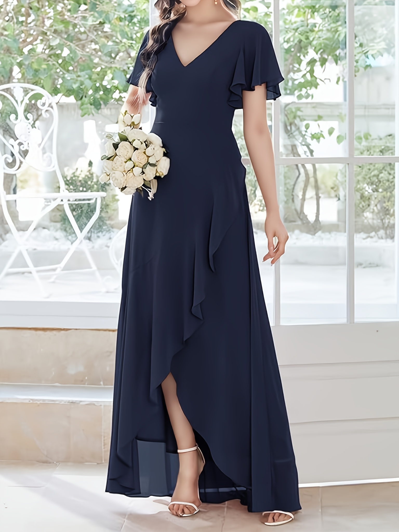 Elegant Navy Blue Chiffon Maxi Dress with *-Neck Ruffle Hem Backless,  Short Sleeve Wedding Guest Dress for Women, Flowing A-Line Silhouette