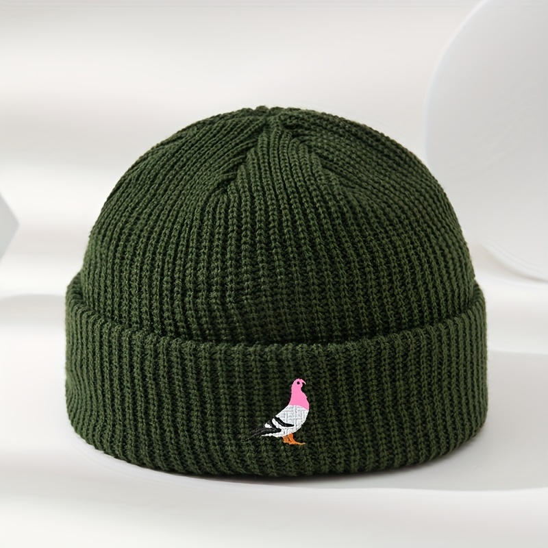 TEMU An Outdoor Men's Autumn/winter Pigeon Embroidery Warm Knit Hat, Unisex Outdoor Warm Casual Brimless Beanie, Fashionable And Versatile Ski Hat,