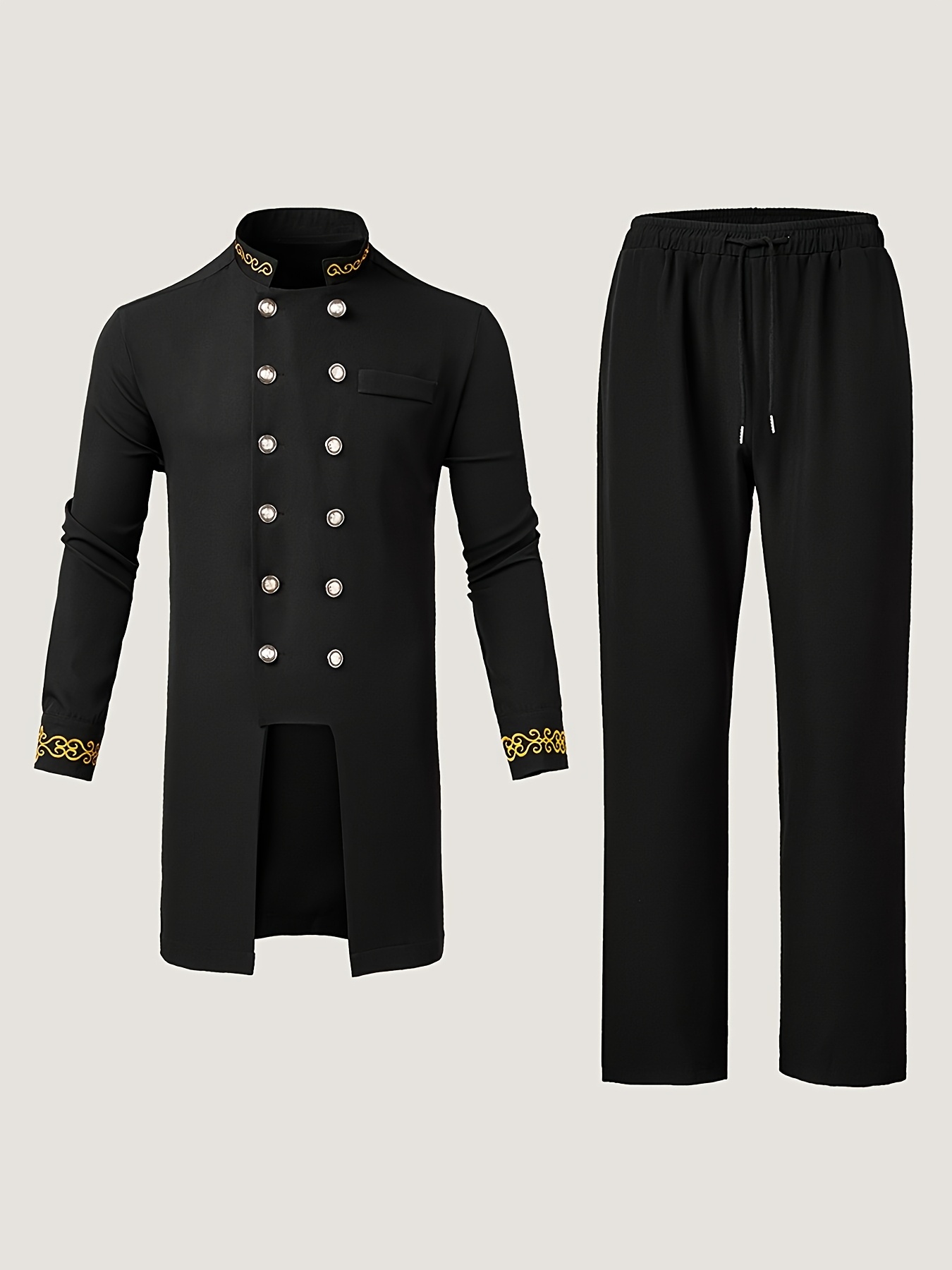 Dashiki Men's Long Sleeve Set, Round Neck Button-Up Shirt with Pockets and Split Hem, Elastic Pants, 2pcs Casual Outfit for Style, Wedding Attire, Black - New Season Collection