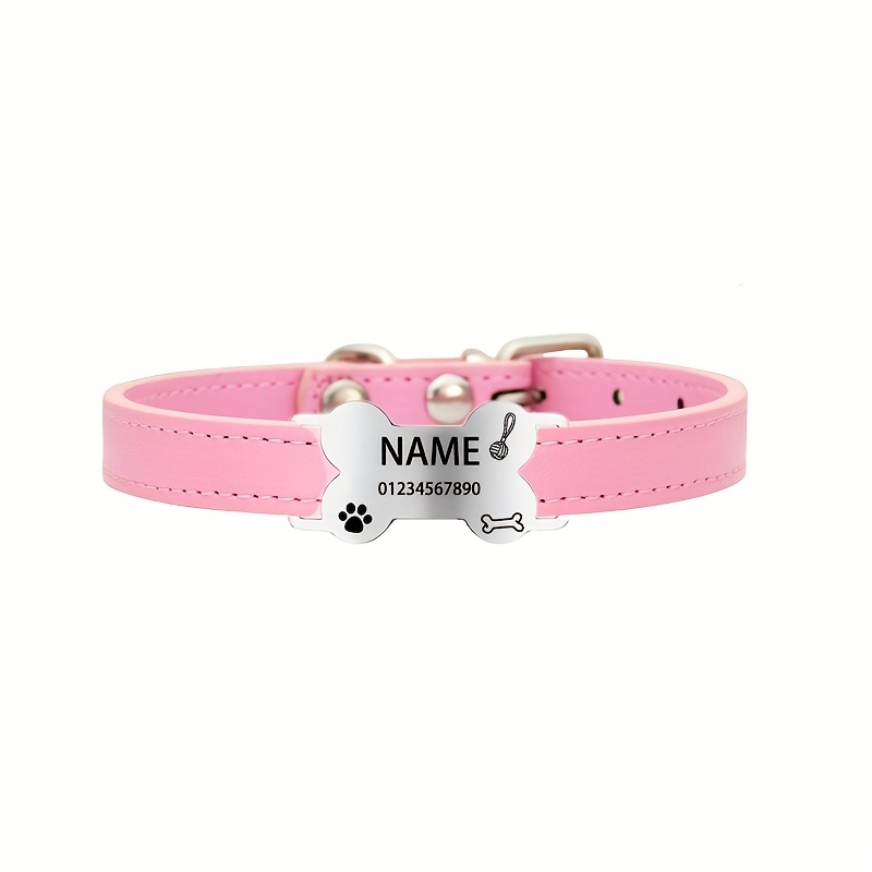 TEMU Customizable 1pc Personalized Faux Leather Dog Collar With A Curved Bone-shaped Tag, Featuring A Toy Design With Bone . Customized With A Name,