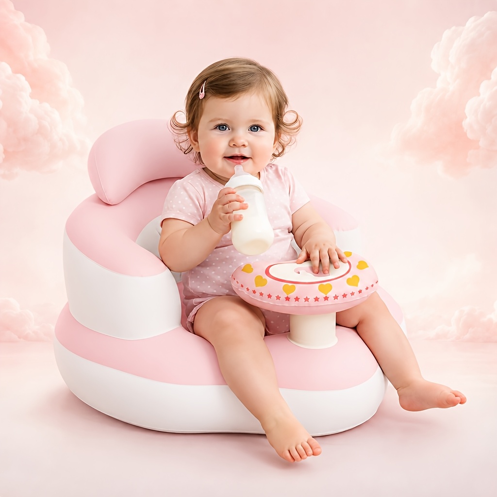 TEMU Asiento Inflable para Bebé con Bandeja Extraíble y Respaldo de Soporte, Bomba de Aire Incorporada, Silla de Piso Portátil para Practicar y la