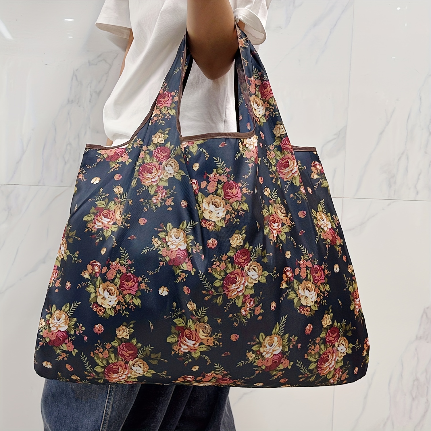 Large Capacity Nylon Tote Bag With Inner Pocket, Fashionable Peony Print, Lightweight, Foldable, Fixed Shoulder Strap, Wristlet, Machine Washable, For Shopping, Camping, Travel, Outdoor Use