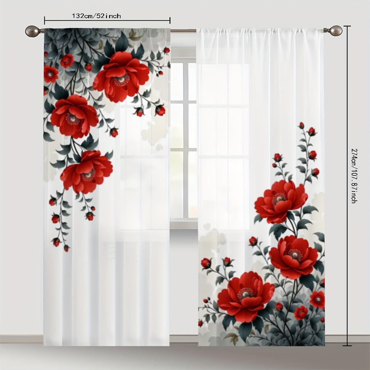 TEMU 2pcs Red Floral Curtains - Large Pattern, Lightweight , Semi-translucent & Breathable For Indoor/outdoor Use, Rod , Decorative Drapes For Living