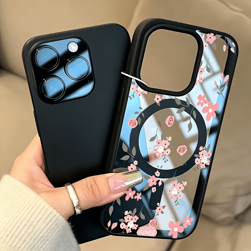 TEMU Phone Case - 1pc Acrylic Magnetic Phone Case - Floral Ultra-transparent Built-in Magnet Round Soft Phone Case, Super Strong Suction, Supports