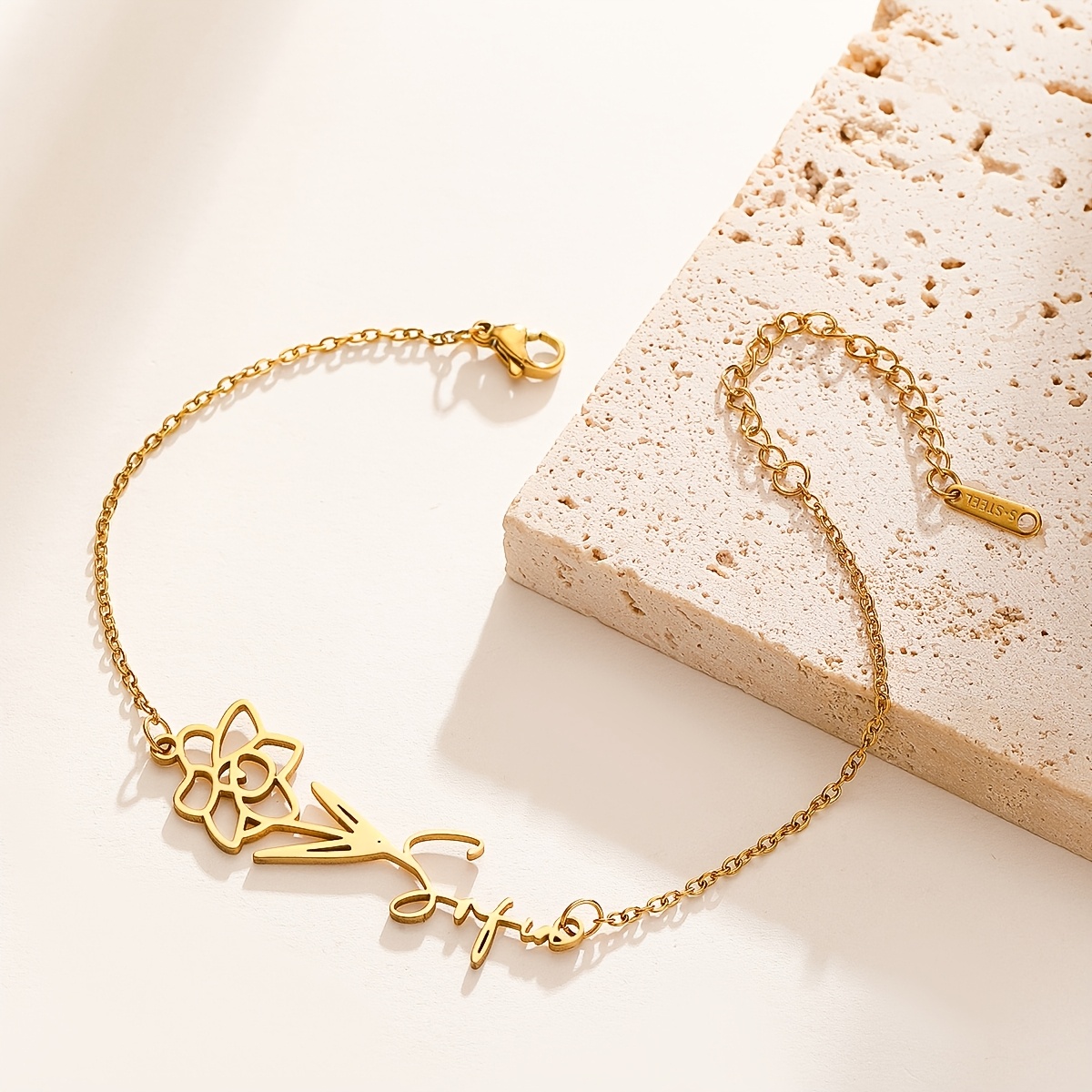 TEMU 1pc Bracelet élégant personnalisé en acier inoxydable avec nom et fleur de , bijou personnalisé pour femmes et hommes, idéal pour un et cadeau,