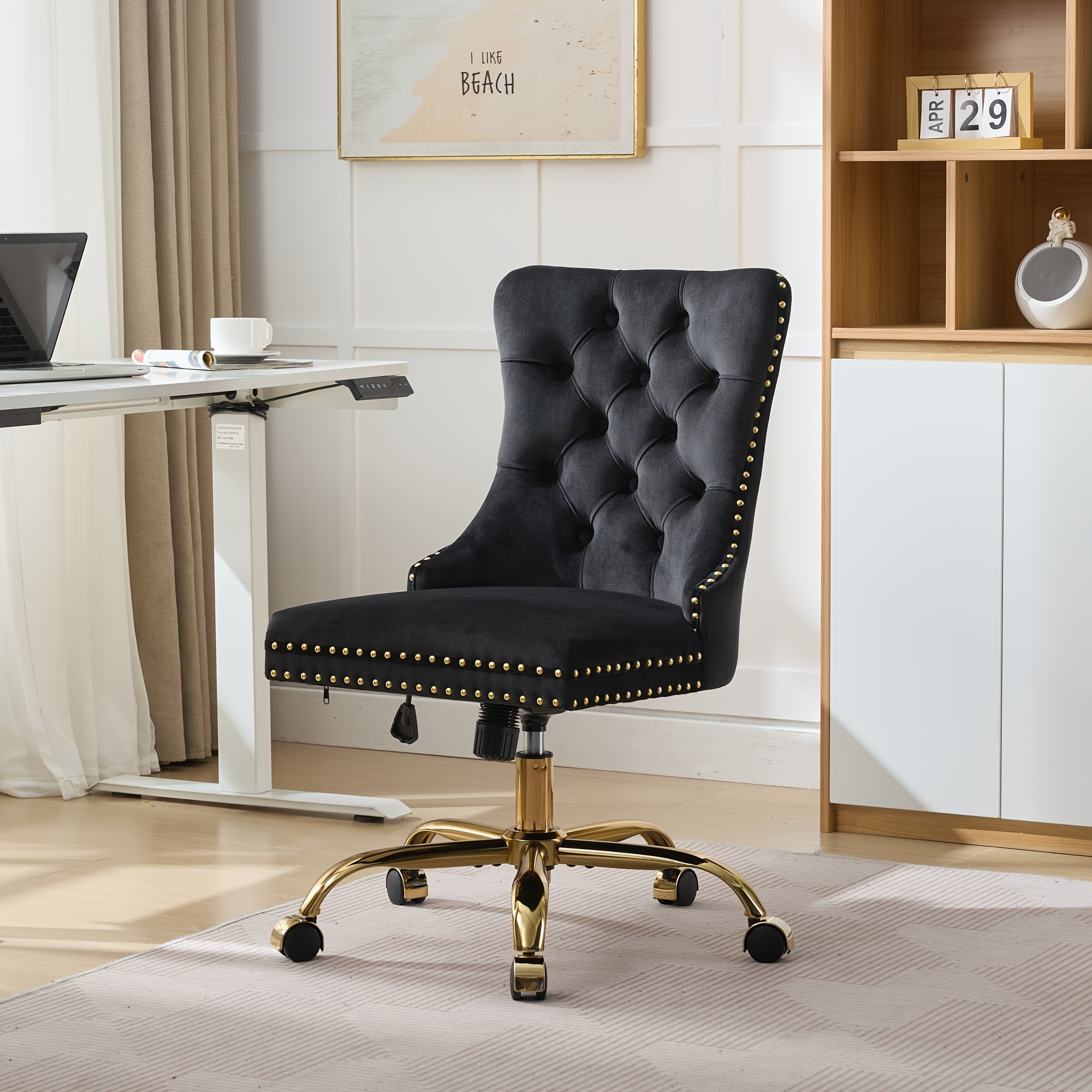 beige velvet tufted office chair with golden metal base