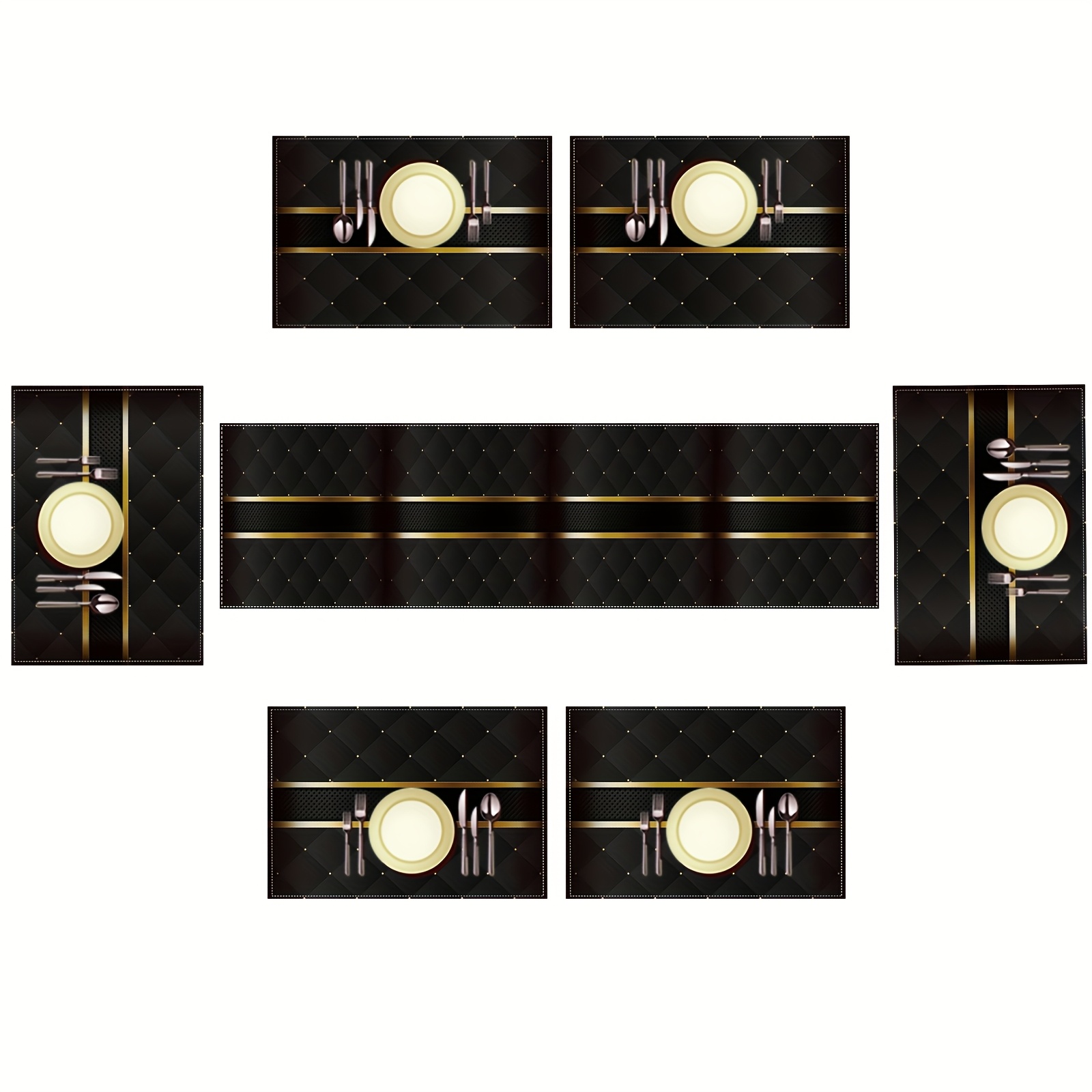 TEMU 7pcs Set, Luxurious Black Golden Minimalist Printed Design, New High-end Table Placemats And Table Runner Set, Modern Western-style Placemats,