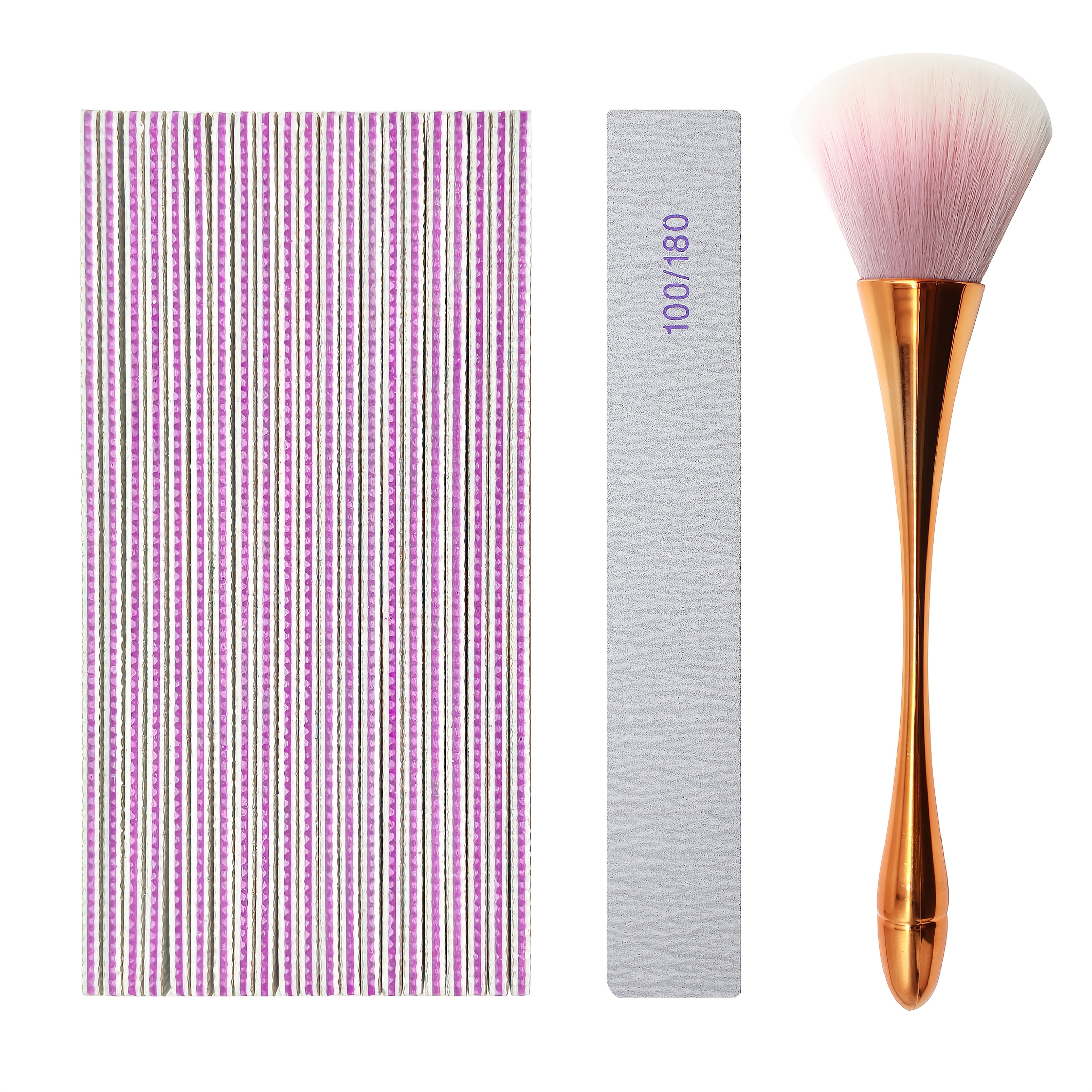 TEMU Aridito 25pcs Nail Files 100/180 Grit And 1pc Rose Golden Makeup Powder Brush Small Waist Shape, Double Sides Professional Reusable Emery Board