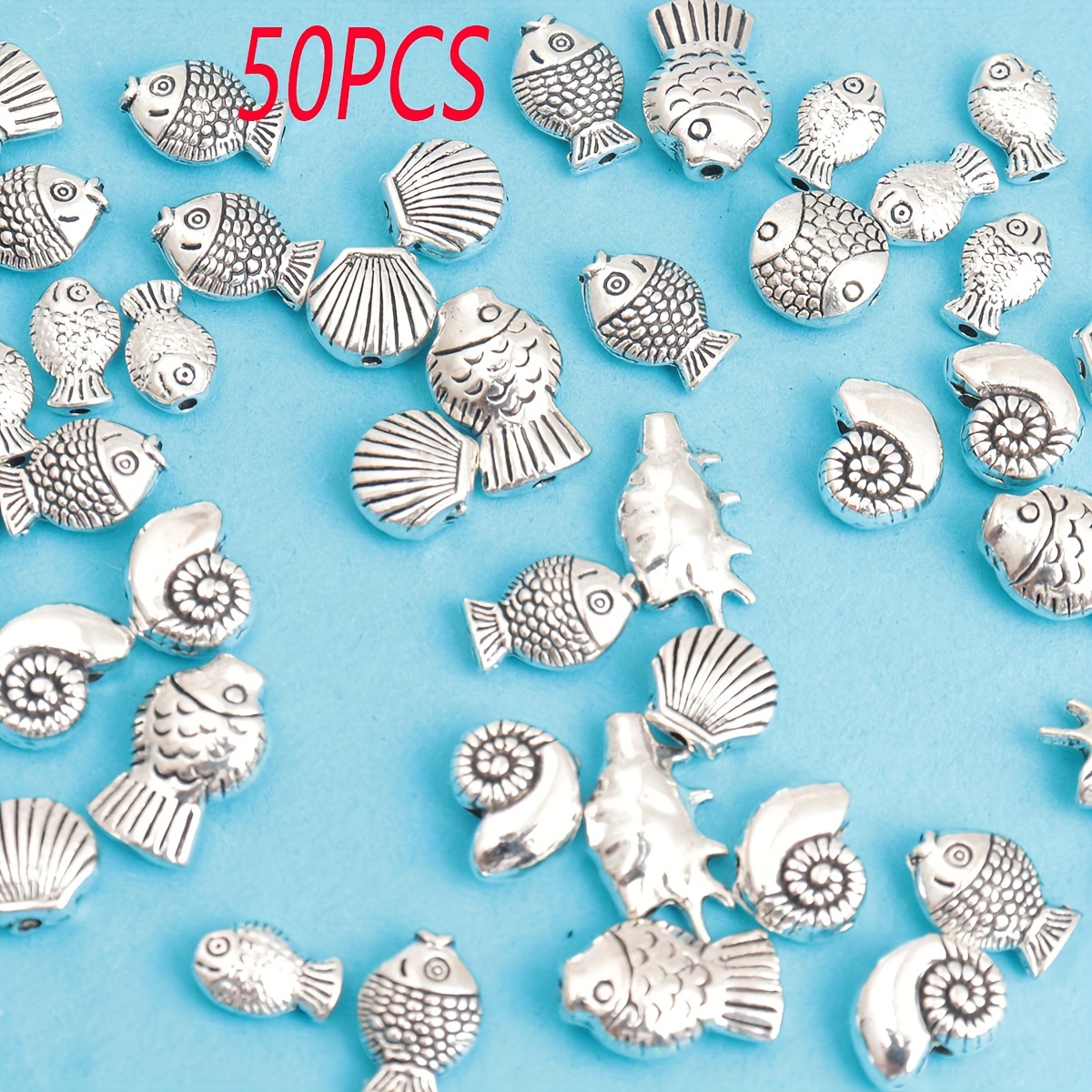 Image of 20pcs/50pcs Ocean-inspired Mixed Alloy Textured Beads Set - Shell, Classic Silvery Perforated Bead Conch And Starfish Charms For Bracelets, Necklaces And Jewelry Crafting Additions