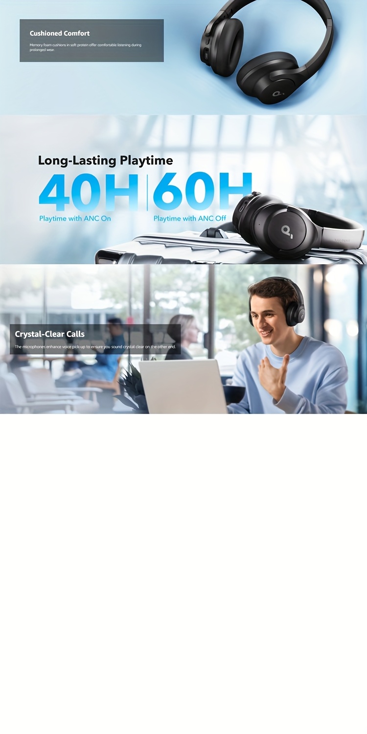 Soundcore by Anker Q20i over-ear headphones, active noise cancellation wireless earphones, HIFI high-quality sports headphones, for running, office, exercise, study, universal mobile phone headphones.